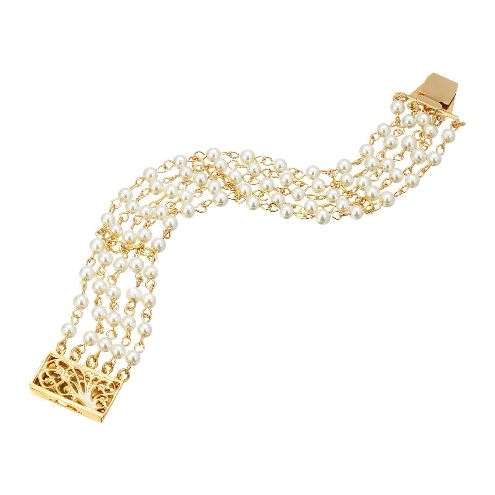 1928 Jewelry 5-Row White Faux Pearl Bracelet with Lobster Clasp - Elegant Vintage Style Jewelry for Women, Perfect for Weddings, Parties & Formal Occasions