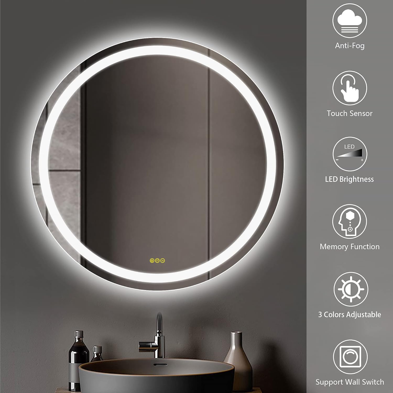 36 Inch Round LED Bathroom Mirror with Dimmable Lights - Anti-Fog, IP44 Waterproof, Color Changing - Large Wall Mounted Vanity Mirror for Modern Bathrooms & Makeup Areas