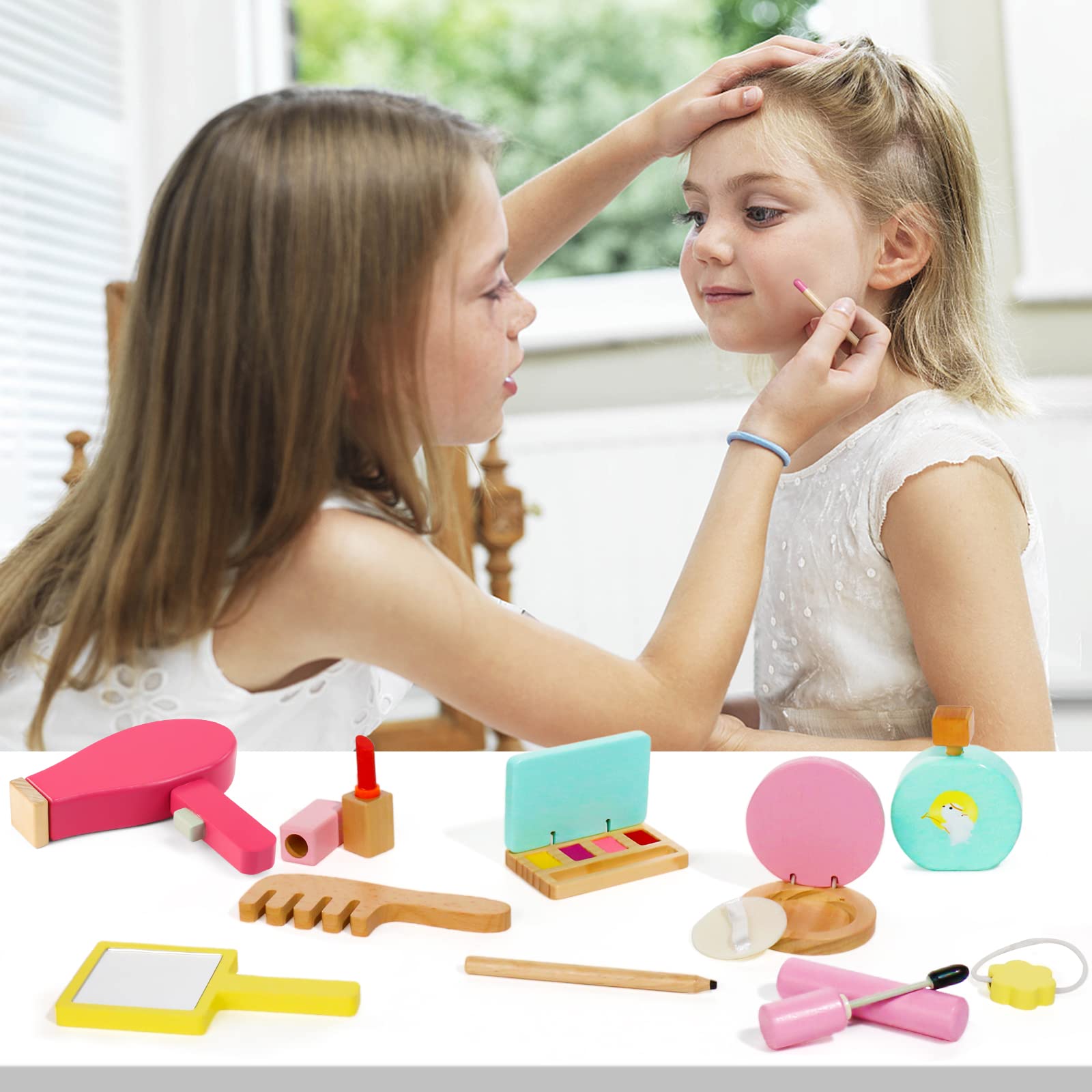 Jerryvon Kids Makeup Toy Set - 16 Piece Wooden Cosmetic Beauty Playset for Girls & Boys Ages 3-5, Pretend Play Role Play Gift for Easter, Birthday & Dress Up Parties
