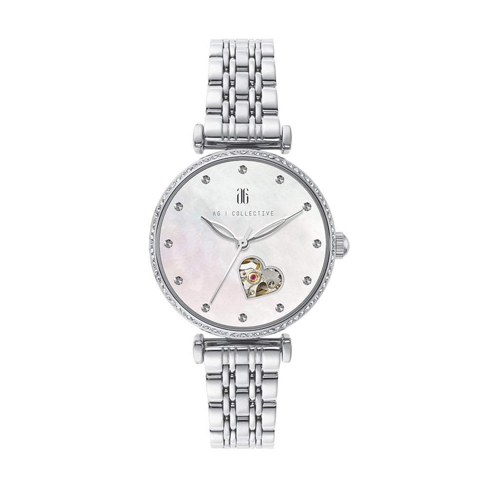 AG Collective L 5043 Series Women's Open Heart Watch with 12 Stones - Stainless Steel Strap, Elegant Dress Watch for Women, Perfect for Office, Party & Special Occasions