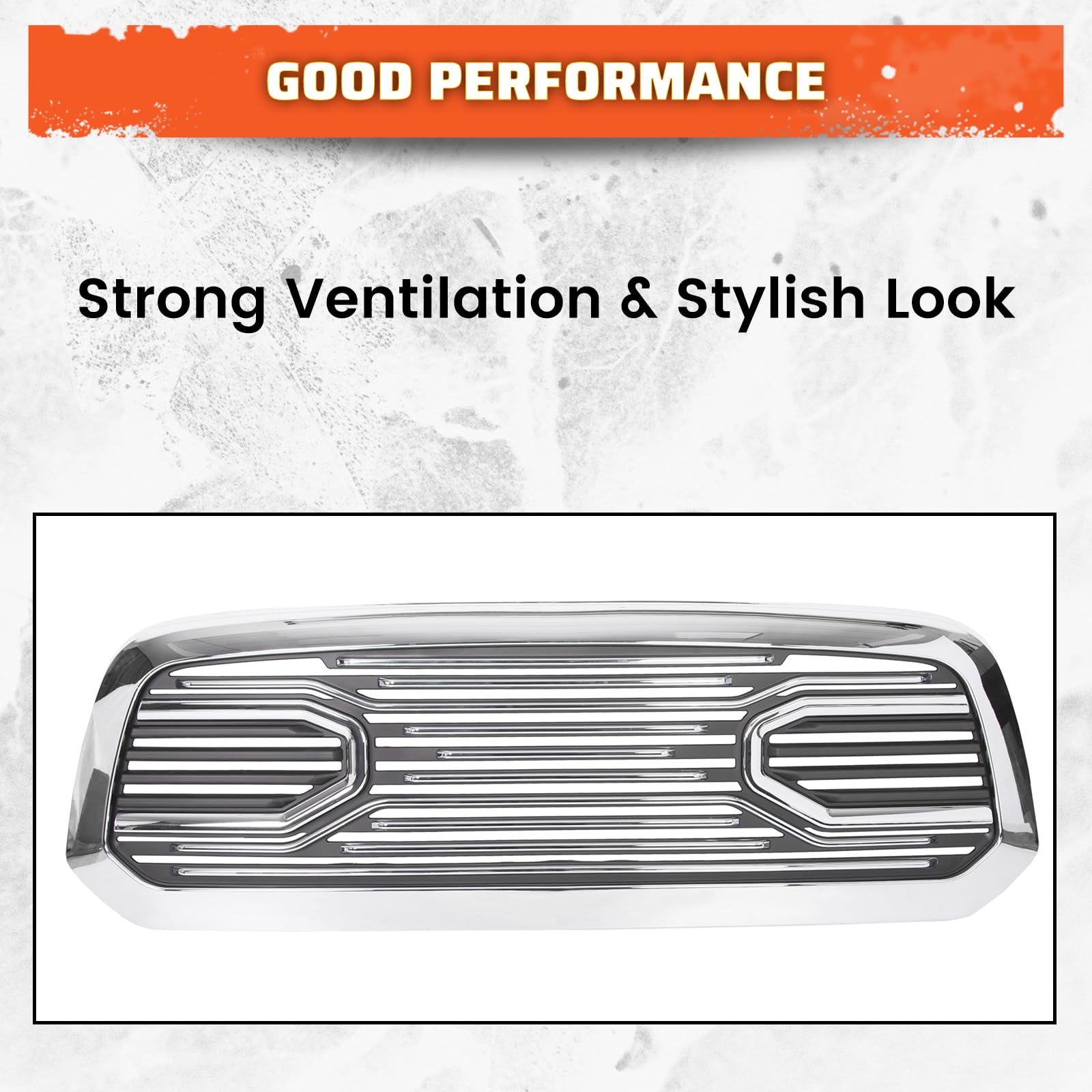 ECOTRIC Front Replacement Shell Grille for 2013-2018 Dodge RAM 1500 (Without Light) - Chrome Big Horn Grill - Upgrade Your Truck's Style for Off-Road & Daily Driving