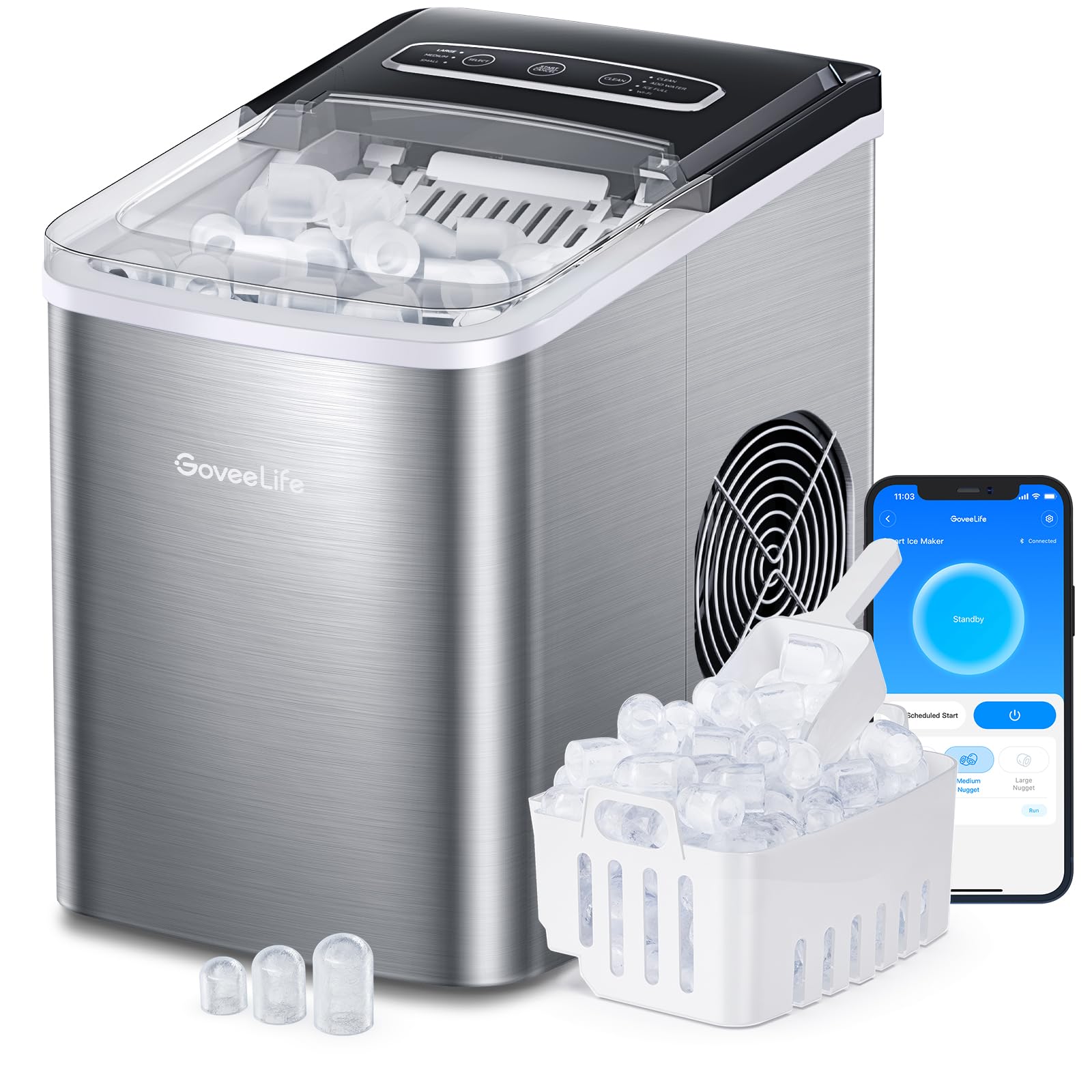 GoveeLife Smart Countertop Ice Maker Machine - Self Cleaning, Voice Control, 26lbs/24Hrs, 9 Cubes in 6 Mins, 3 Ice Sizes - Portable with Basket & Scoop - Perfect for Home Kitchen, Camping, RV & Office Use