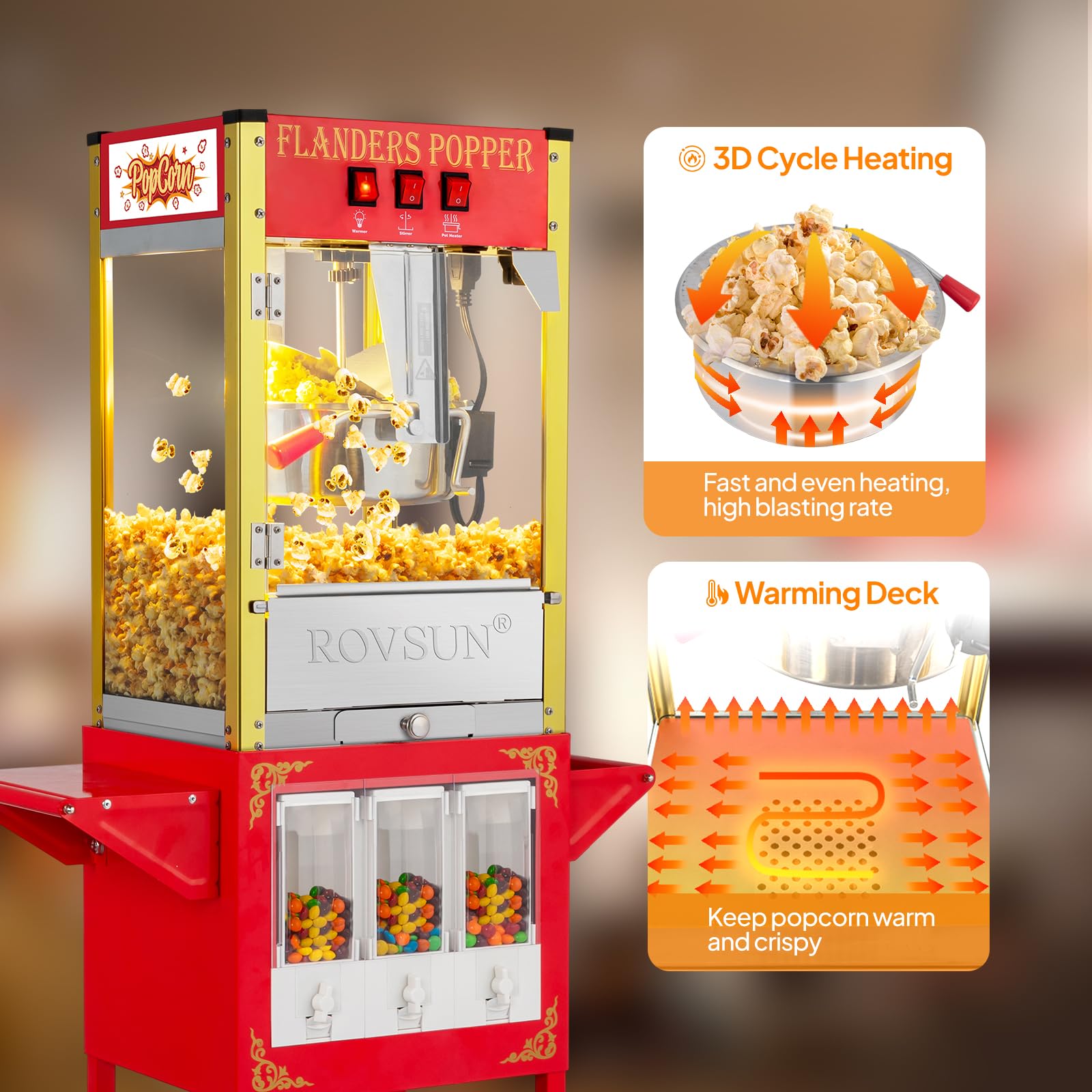 ROVSUN 8oz Commercial Popcorn Machine with Cart & Wheels - 850W Movie Theater Style Popcorn Maker for Home & Business Use, Includes Candy Dispenser, Scoop, Oil Spoon & 3 Popcorn Cups (Red) - Perfect for Movie Nights, Parties, Carnivals and Concession Stands