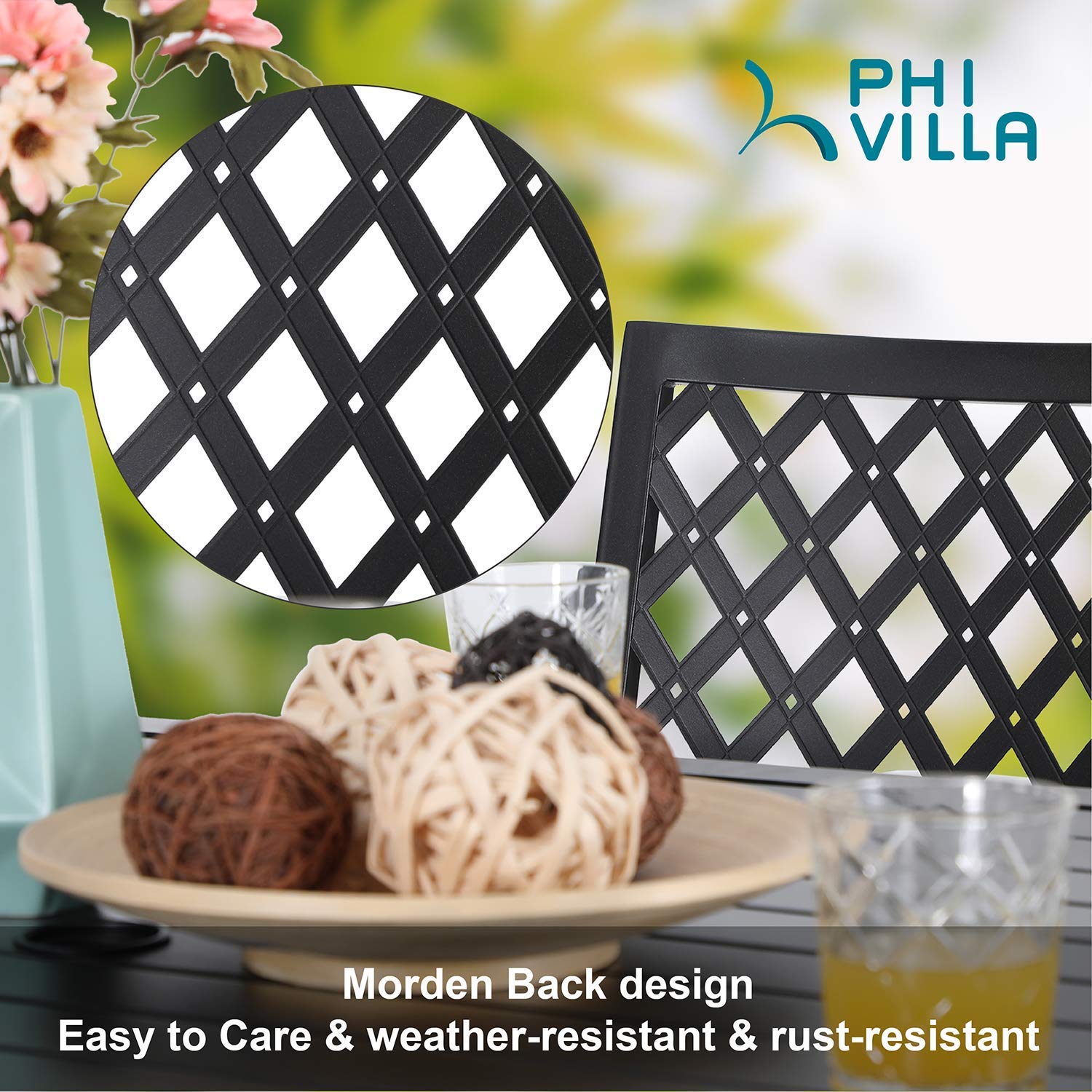 PHI VILLA 4-Piece Black Wrought Iron Outdoor Dining Chair Set - Stackable Patio Bistro Chairs with Armrests & Fishnet Pattern Design for Garden, Poolside, and Restaurant Outdoor Seating