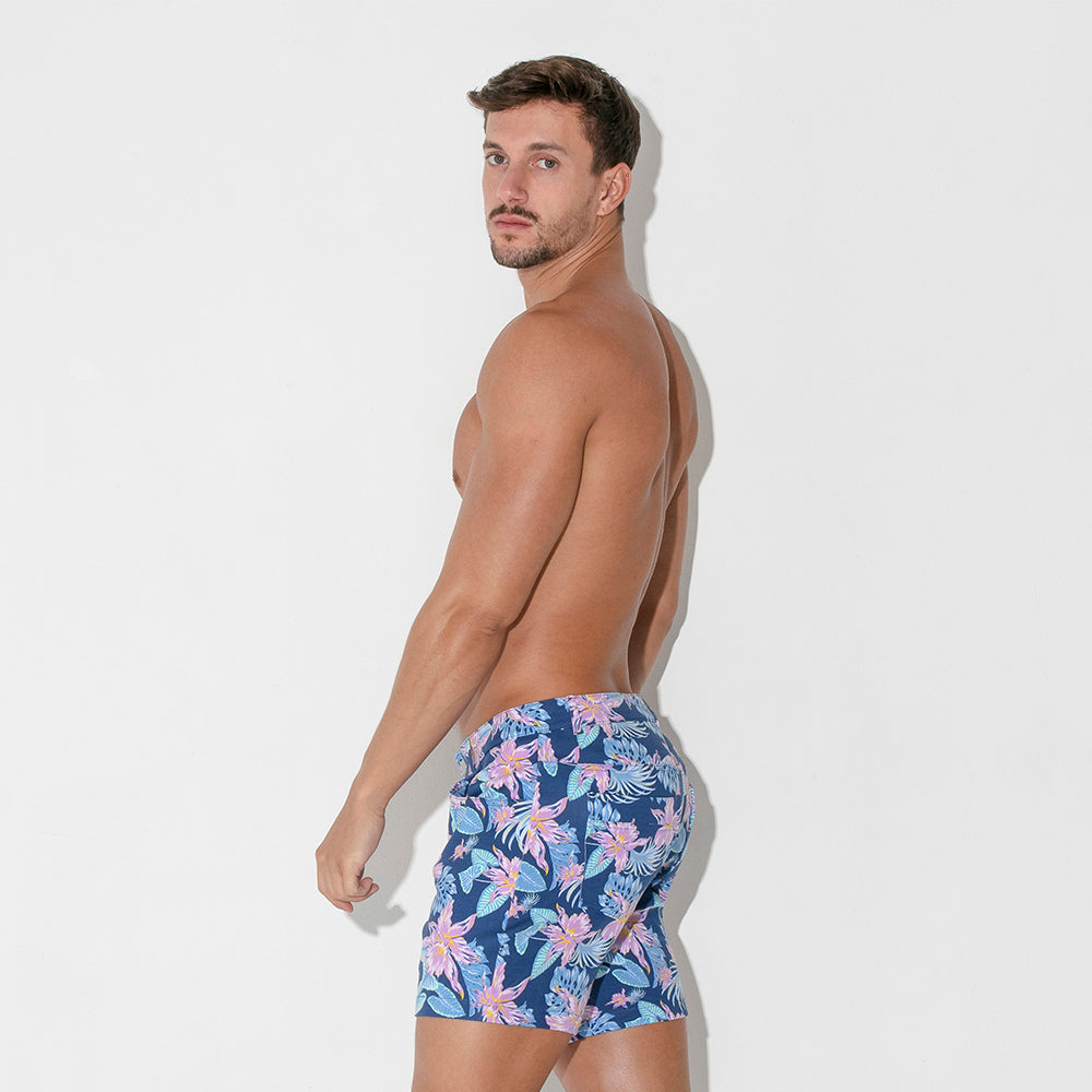 Code 22 Slim Fit 5-Pocket Stretch Shorts 9712 - Aqua Floral Print Men's Casual Summer Shorts for Beach, Vacation & Outdoor Activities