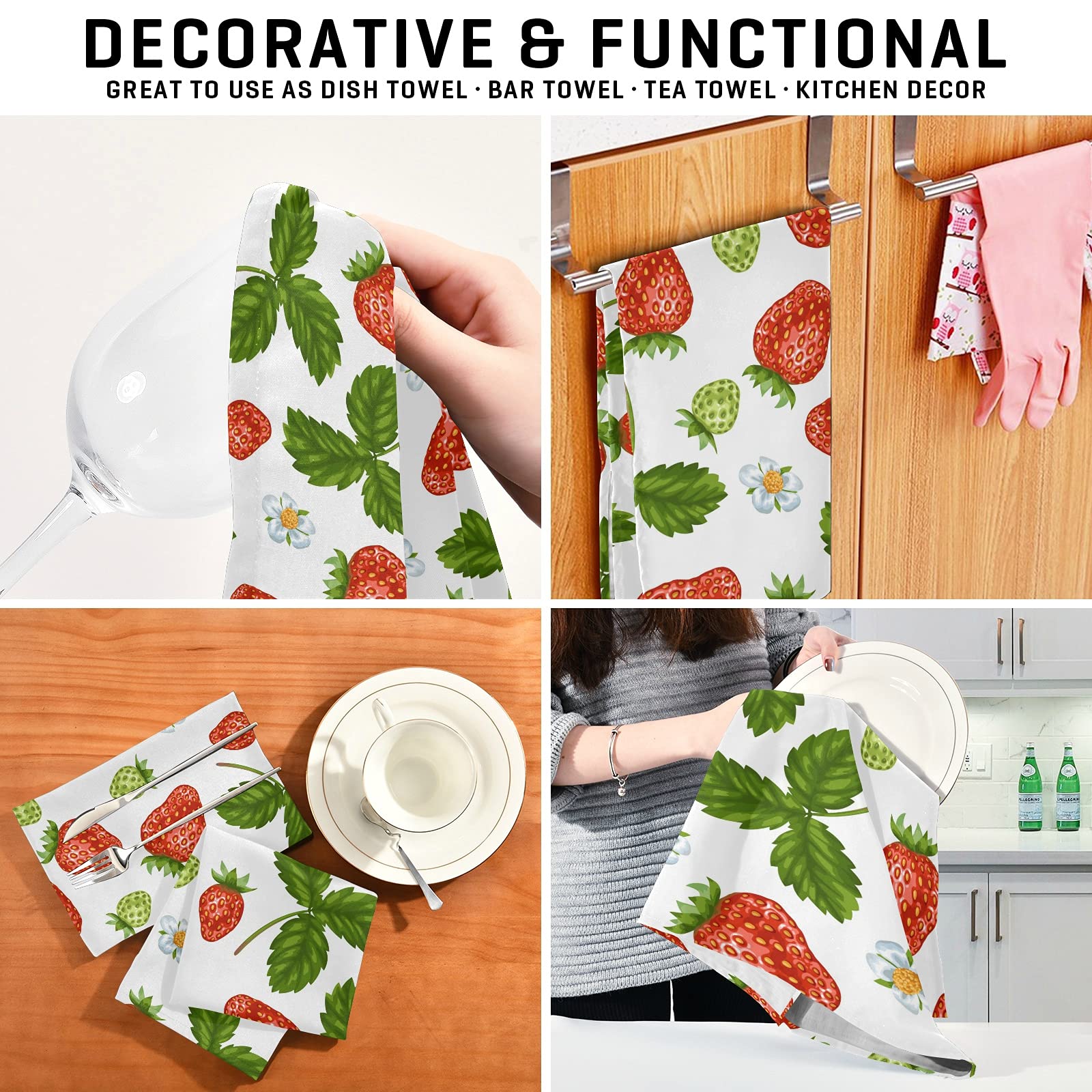Premium Red Strawberry Floral Kitchen Towels 4-Pack - Super Absorbent, Fast Drying Reusable Dish Cloths (28