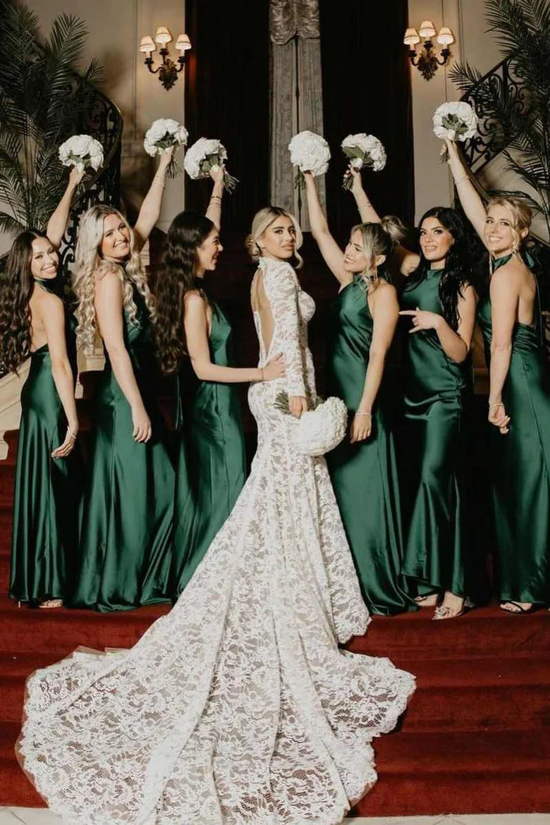 Elegant Dark Green Halter Bridesmaid Dress - Satin Pleated Sleeveless Gown for Weddings, Formal Events & Special Occasions