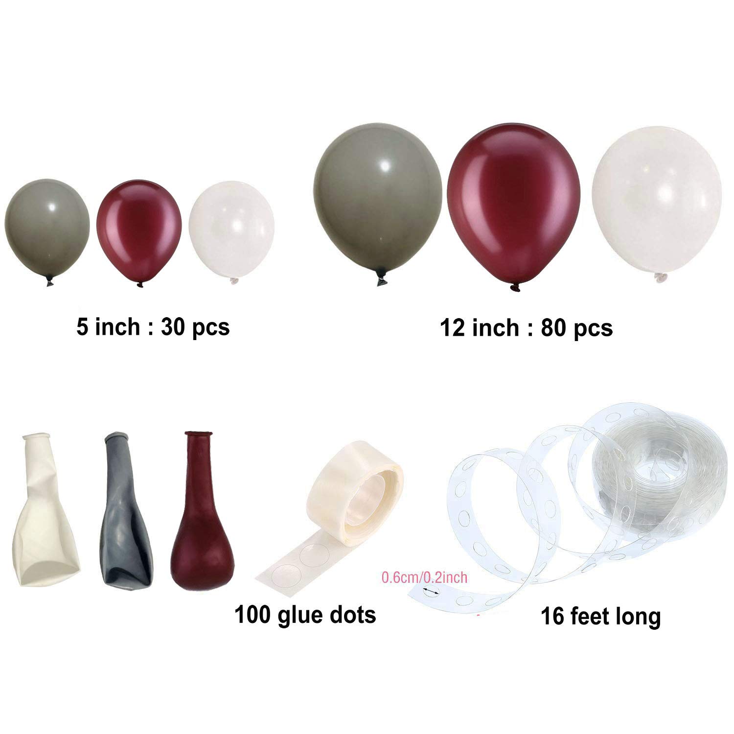 112-Piece Balloon Garland Kit - Burgundy, Gray & White Balloon Arch for Wedding, Birthday Party Decorations | DIY Party Backdrop, Baby Shower, Anniversary Celebration