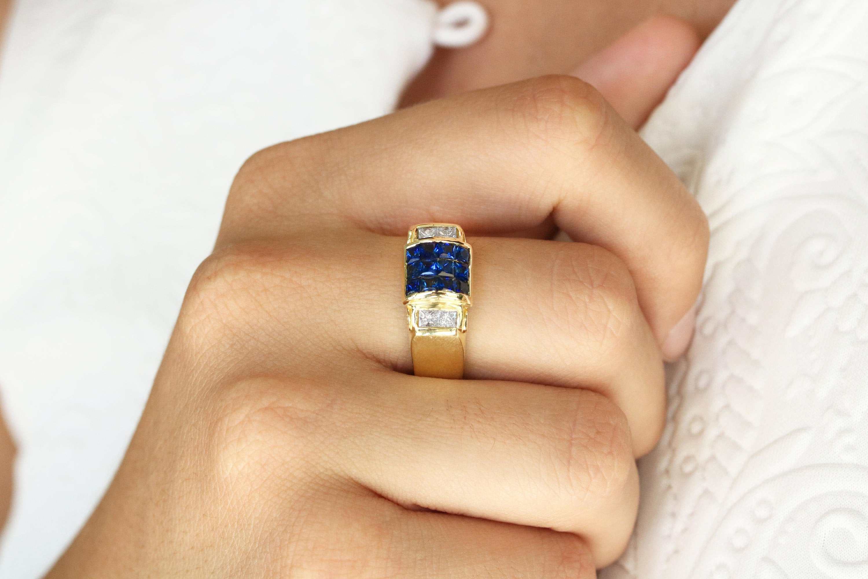 2.0tcw Square Blue Sapphire & Diamond Men's Ring in 18K Gold - Elegant Jewelry for Weddings, Anniversaries & Special Occasions