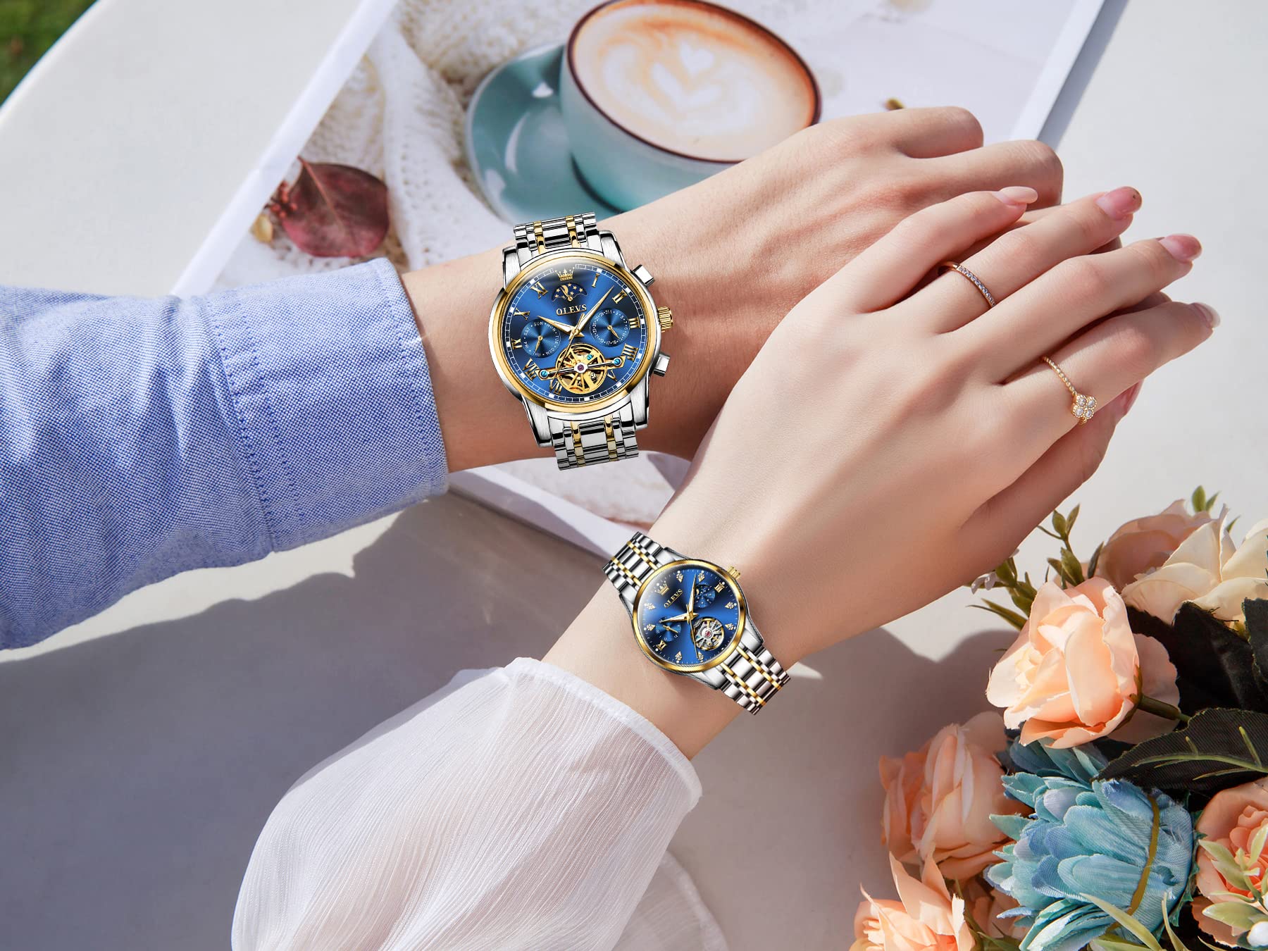 OLEVS Automatic Self-Winding Couple Watches Set - Luxury Matching Mechanical Dress Watches for Men & Women | Perfect Anniversary, Wedding & Valentine's Day Gifts for Him & Her | Elegant Date Night & Formal Occasion Accessories