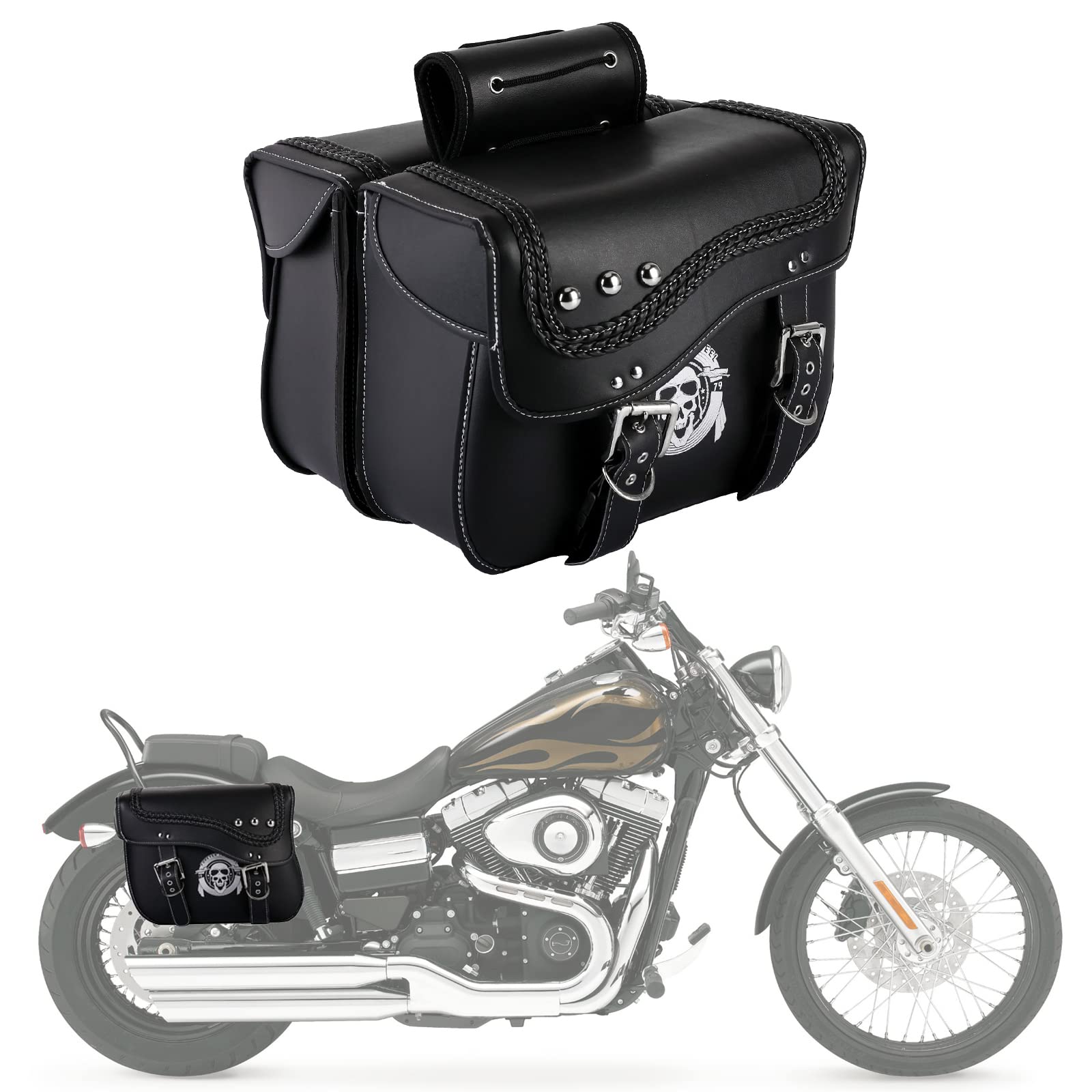 INNOGLOW Waterproof Motorcycle Saddlebags - Synthetic Leather Side Bags with Skull Pattern (2PCS) - Universal Fit for Harley, Sportster, Softail, Dyna, Suzuki & Kawasaki - Perfect for Long Rides, Commuting & Storage