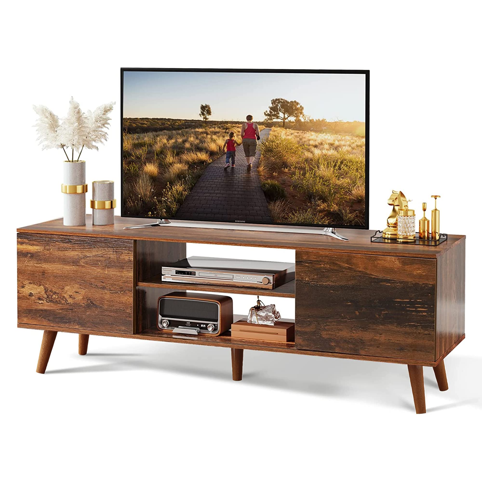WLIVE Mid Century Modern TV Stand for 55-60 Inch TVs - Retro Brown Entertainment Center with Storage - Perfect for Living Room Home Theater Setup