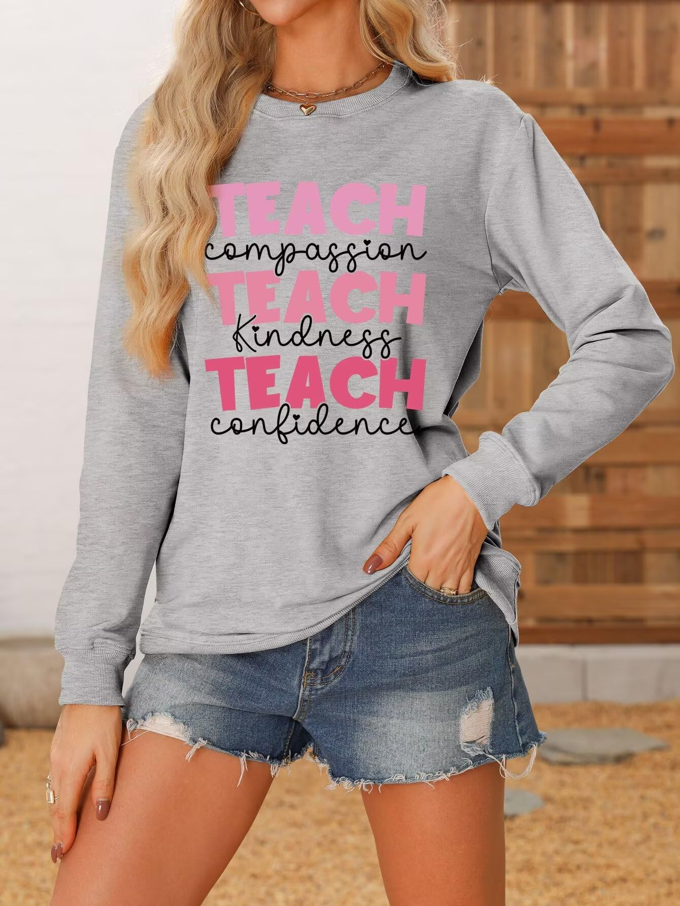 Women's Teacher Sweatshirt - Inspirational 'Teach Compassion Kindness Confidence' Graphic Crewneck Pullover for Educators | Perfect for Classroom, Teacher Appreciation & Casual Wear