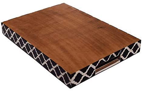 Handcrafted Bone Inlay Serving Tray - Decorative Wooden Ottoman Tray for Food, Breakfast in Bed | Black Home Decor Serving Platter | Perfect for Entertaining, Dining, and Gift Giving - Fairdeal Handicrafts