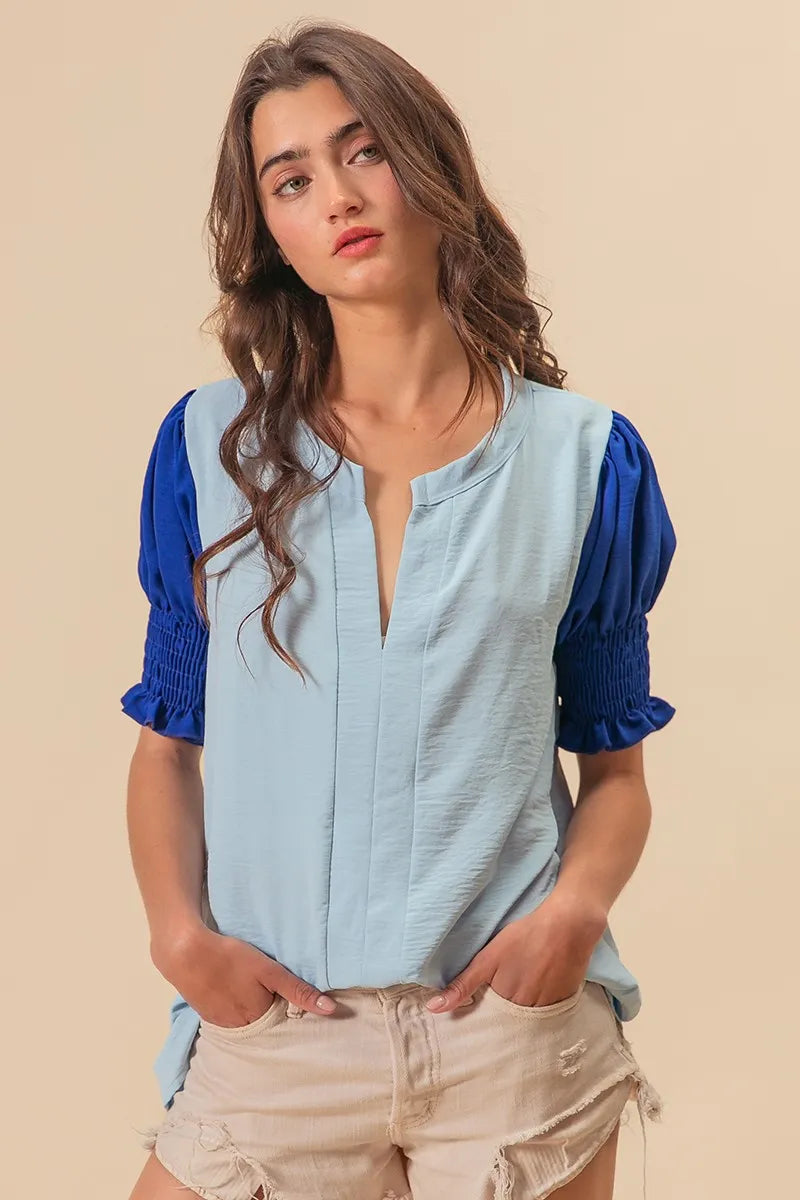 BiBi Air Flow Color Block Puff Sleeves V Neck Top - Breathable Summer Blouse for Women, Fashionable Casual Wear for Outings & Dates