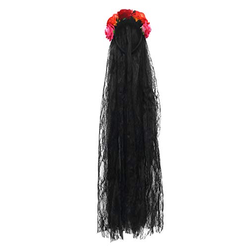FRCOLOR Women's Elegant Long Gauze Lace Headband - Rose Floral Hair Hoop for Halloween, Parties & Weddings - Stylish Hair Accessory for Ladies (Perfect for Costumes, Bridal & Special Occasions)