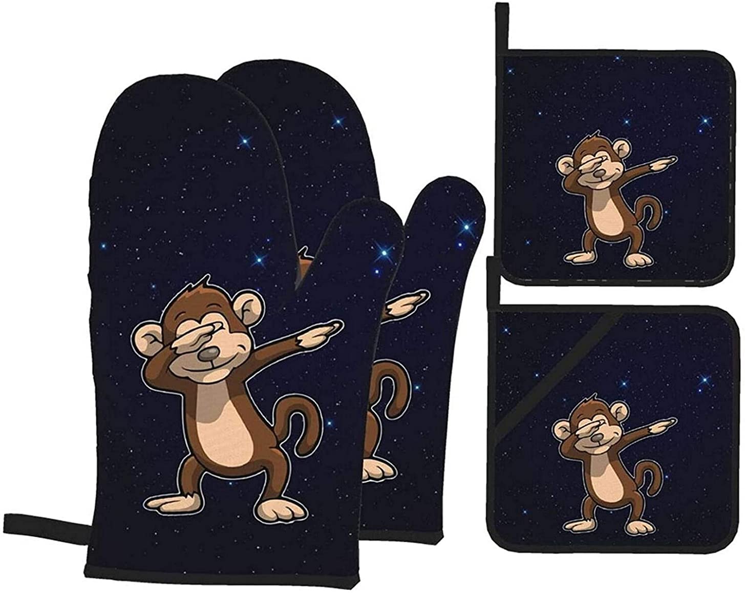 Funny Monkey Oven Mitts and Pot Holders Set of 4 - Heat Resistant Kitchen Cooking Mittens for Baking, Grilling & Serving - Cute Animal Theme Kitchen Accessories for Home & Gifts