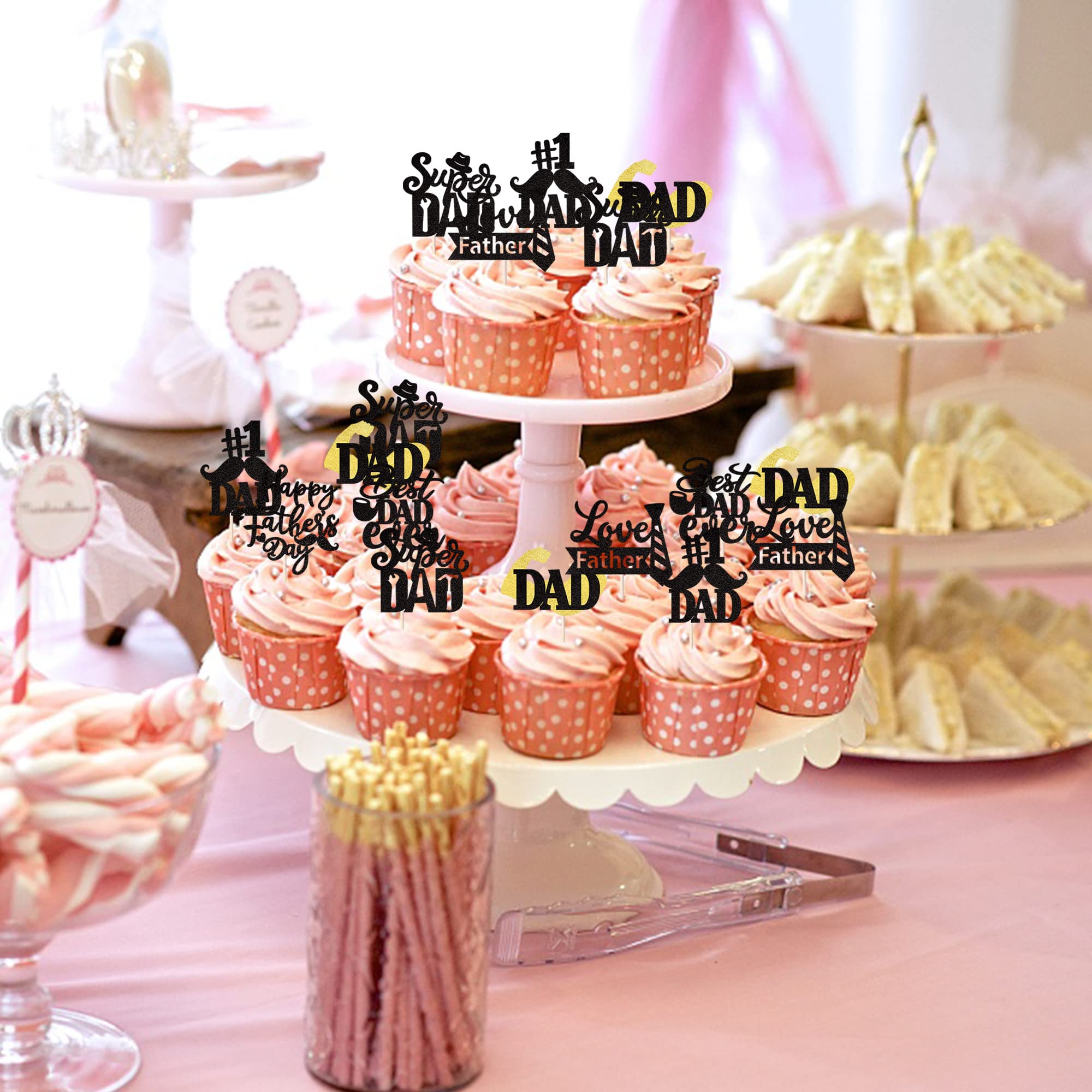 24 Pack Happy Father's Day Cupcake Toppers - Glitter #1 Dad Ever Cake Decorations with Tie, Mustache, Hat & Glass Picks - Perfect for Father's Day Parties, Men's Birthday Celebrations & DIY Cake Decorating
