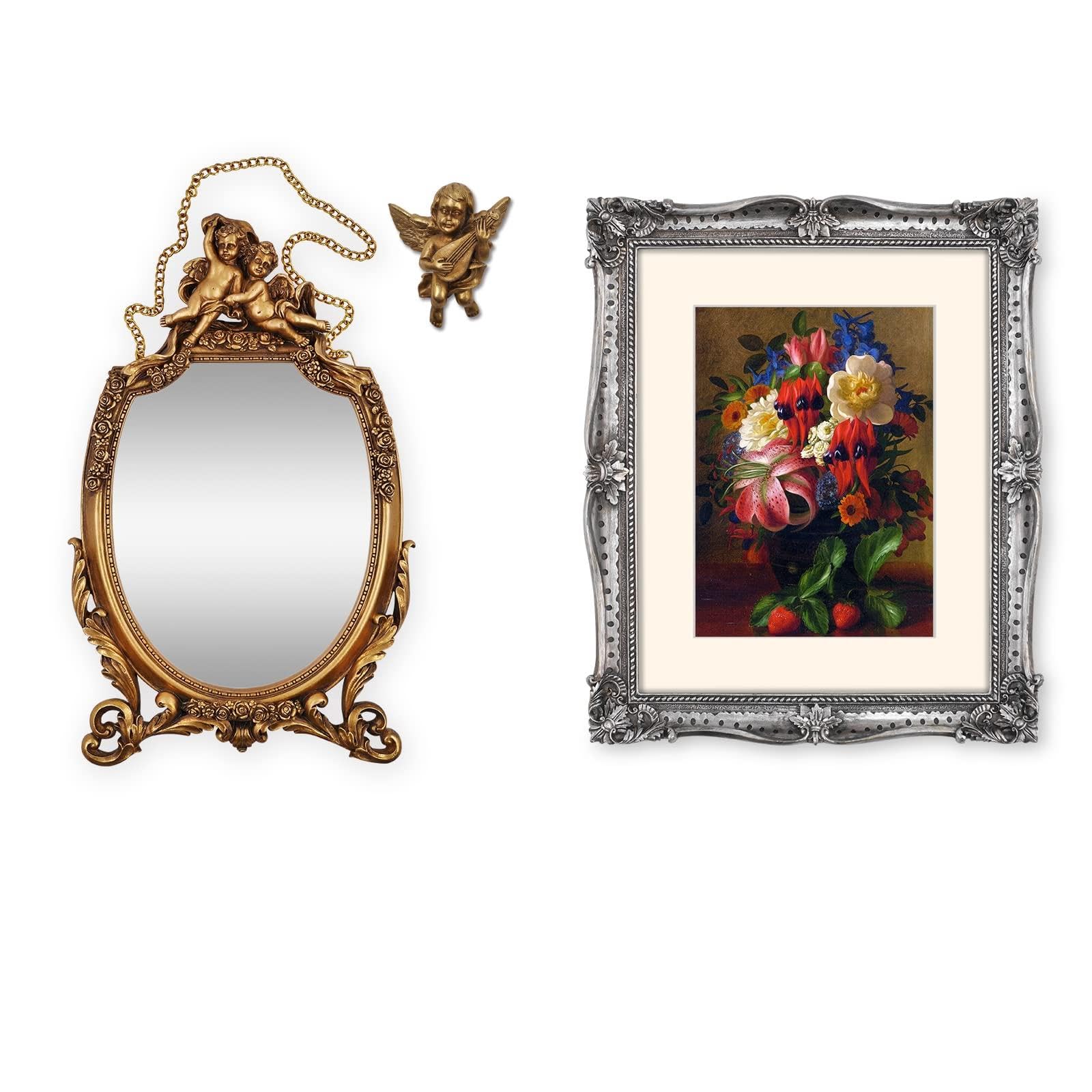 SIMON'S SHOP 8x10 Baroque Style Picture Frames & Wall Mirror Set - Elegant Home Decor for Living Room, Bedroom, or Office Display