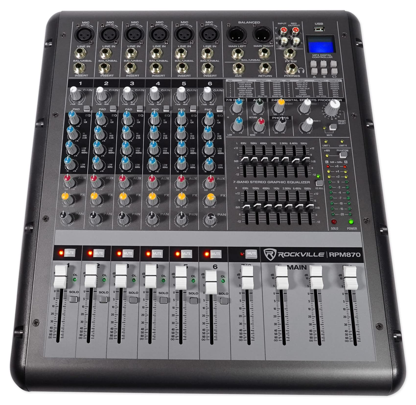 Rockville RPM870 8 Channel 6000W Professional Powered Mixer with USB, Built-in Effects & 8 XDR2 Mic Preamps - Perfect for Live Sound, Studio Recording & DJ Performances