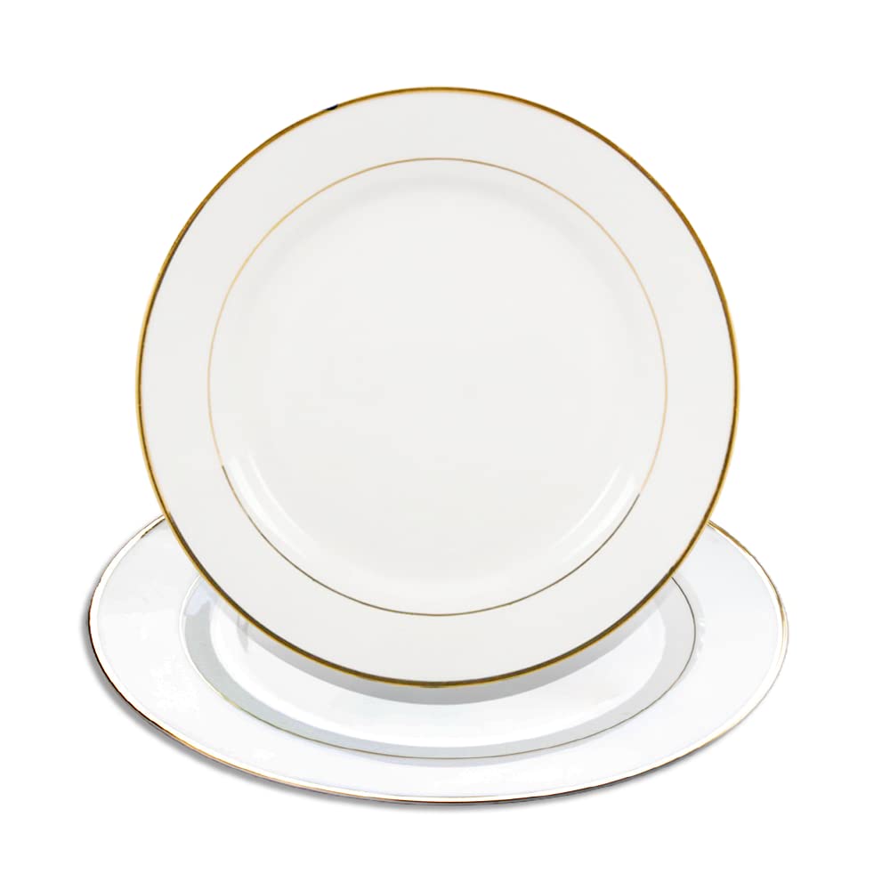 MR.R Set of 2 Sublimation Blanks - 8 Inch White Ceramic Gold Rim Plates with Stand, Lead-Free Porcelain Plates for Dessert, Salad & Appetizers | Microwave, Oven & Freezer Safe | Perfect for Parties, Weddings & Home Decor