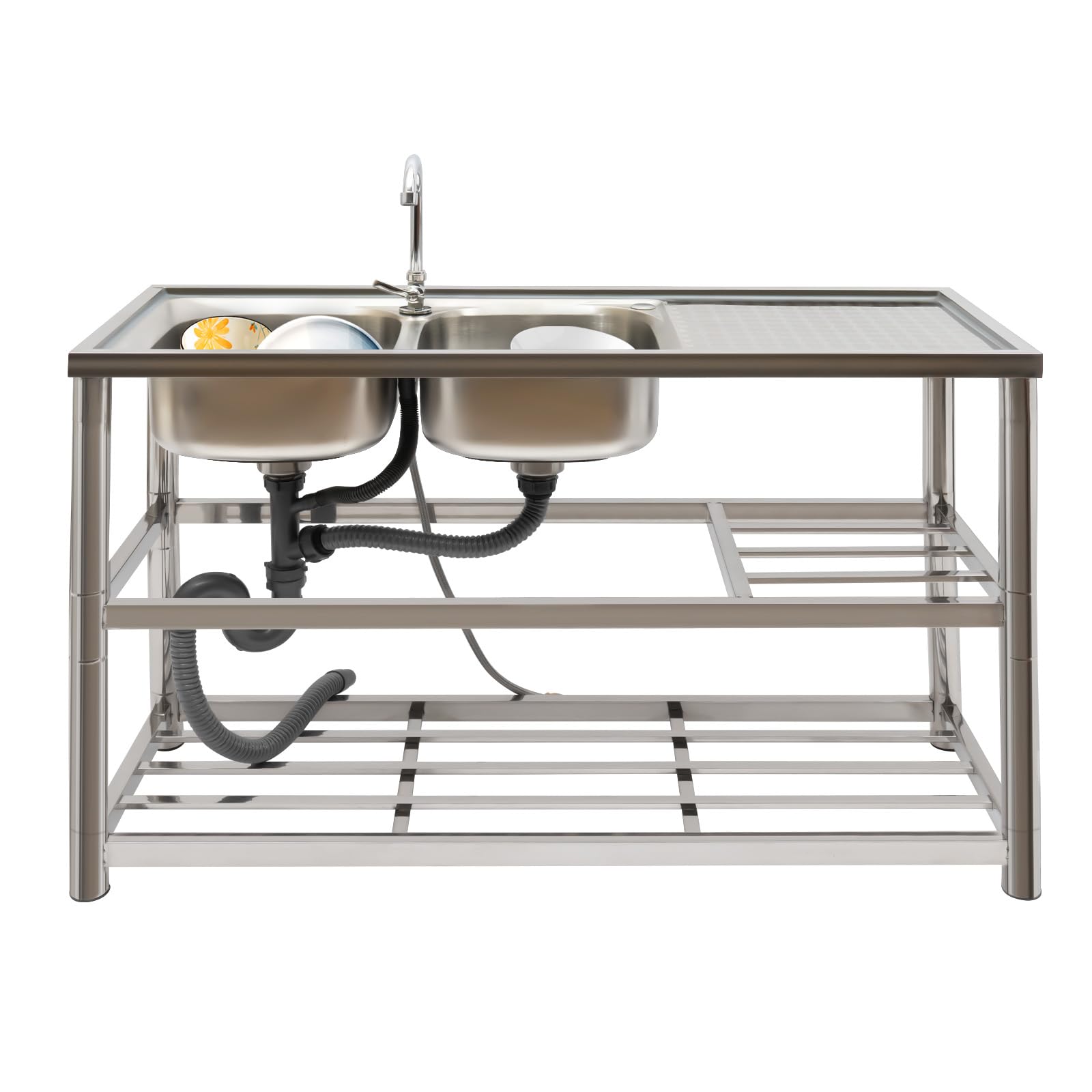 Commercial Stainless Steel Kitchen Sink Set with Double Bowls - Spacious Restaurant-Grade Sink Kit for Professional Kitchens, Food Trucks & Outdoor Cooking Areas