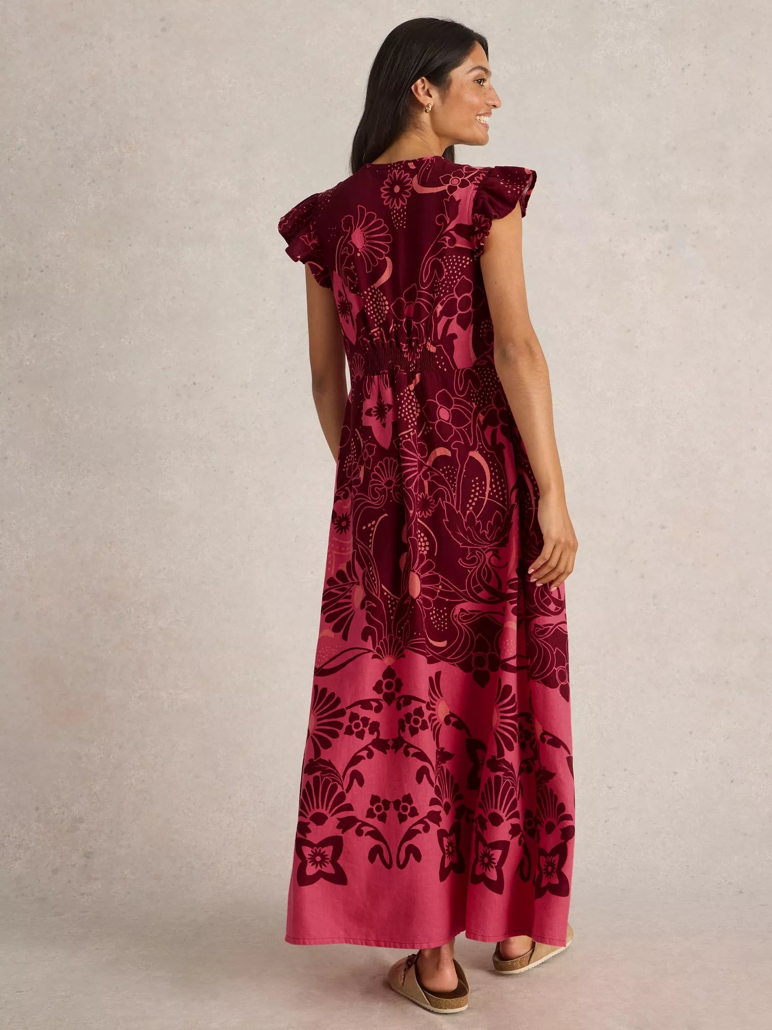 Lorna Merlot Multi Dress for Women - Elegant Floral Print Maxi Dress with Pockets, Perfect for Summer, Beach, Vacation & Casual Outings