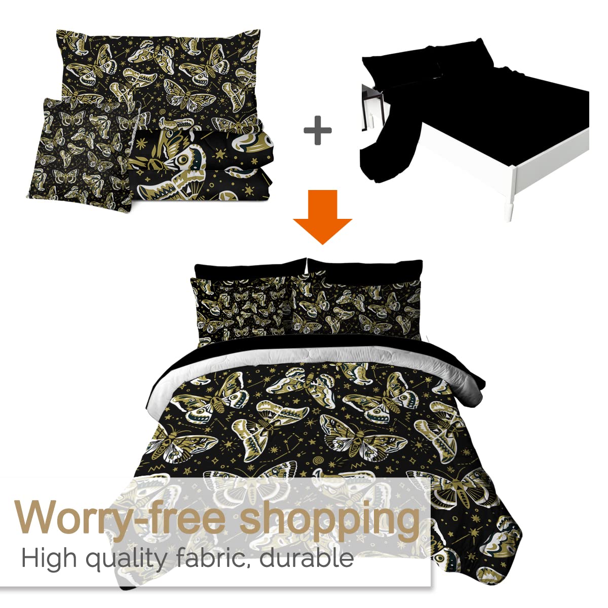 BlessLiving 8-Piece Monarch Butterfly Comforter Set - Queen Size Bedding with Gold & Black Design, Includes 1 Comforter, 2 Pillow Shams, 1 Flat Sheet, 1 Fitted Sheet, 1 Cushion Cover & 2 Pillowcases - Perfect for Bohemian Bedroom Decor & Butterfly Theme Rooms