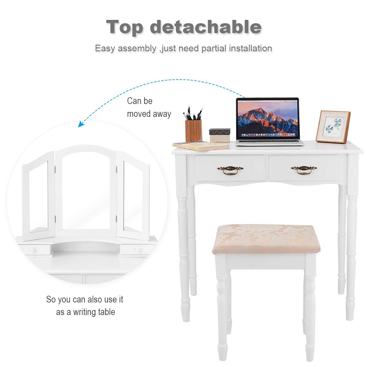 ReunionG Multifunctional Vanity Set with Stool & Trifold Mirror - White Makeup Dressing Table with Drawers, Writing Desk for Bedroom, Home Decor & Beauty Organization - Perfect for Small Spaces & Daily Makeup Routine