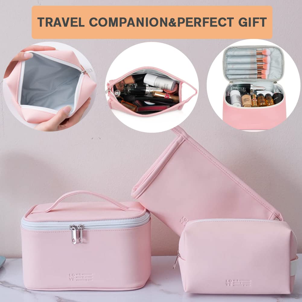 FITINI 3 Pack Waterproof Makeup Bags for Travel - Large Cosmetic Organizer with Brush Holder, Portable Toiletry Pouch Set for Women & Girls (Light Pink) | Perfect for Vacation, Gym & Daily Essentials Storage