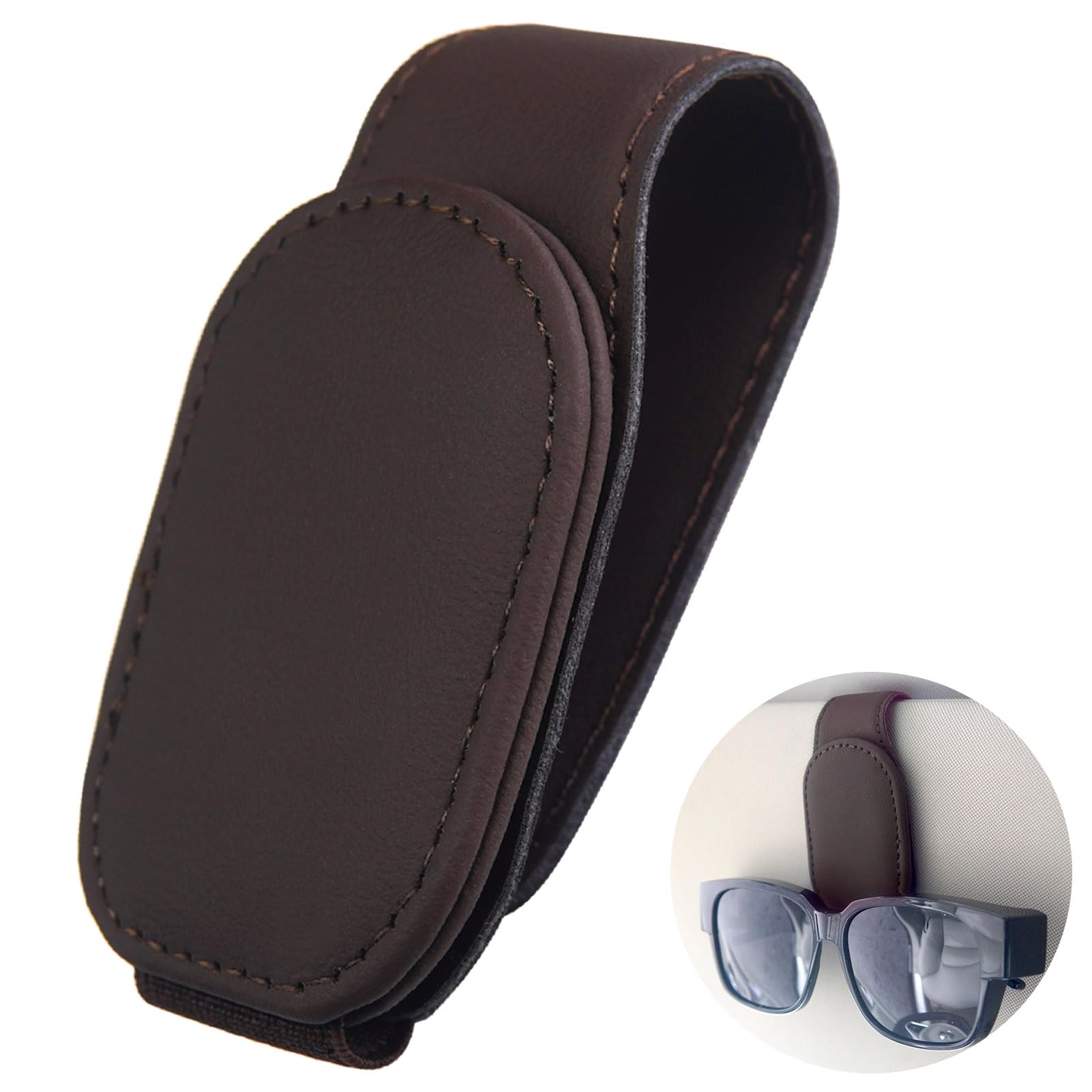 Magnetic Leather Sunglass Holder for Car Visor - Brown Eyeglass Hanger & Ticket Clip - Durable Car Interior Accessories for Sunglasses, Glasses, Cards - Perfect for Road Trips, Commuting & Daily Driving