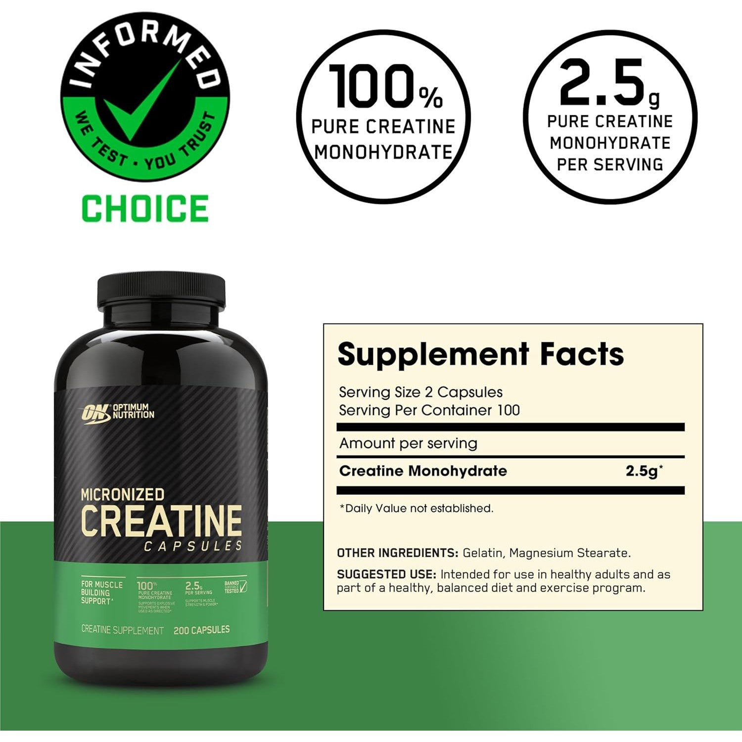 Optimum Nutrition Micronized Creatine Monohydrate Capsules - 3000mg Pure Creatine for Muscle Growth, Strength & Recovery - Pre & Post Workout Supplement for Athletes & Bodybuilders