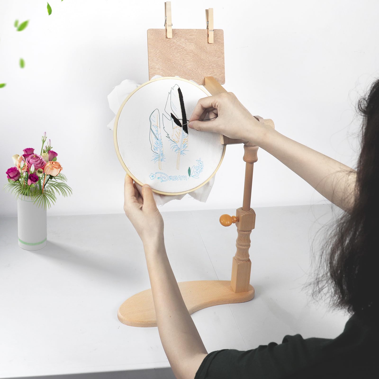 SolidGnik Small Wooden Embroidery Stand - Adjustable Rotating Cross Stitch Hoop Holder for Needlework - Perfect for Hand Embroidery, Cross Stitch Projects & Crafting at Home