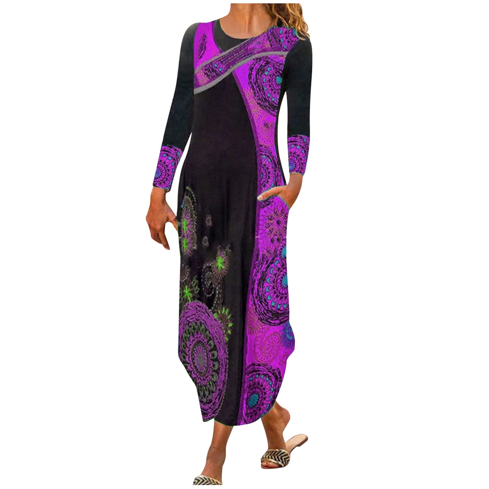 Usuming Women's O-Neck Ethnic Print Long Sleeve Skater Dress for Teen Girls - Casual Party Wear & Everyday Fashion Outfit