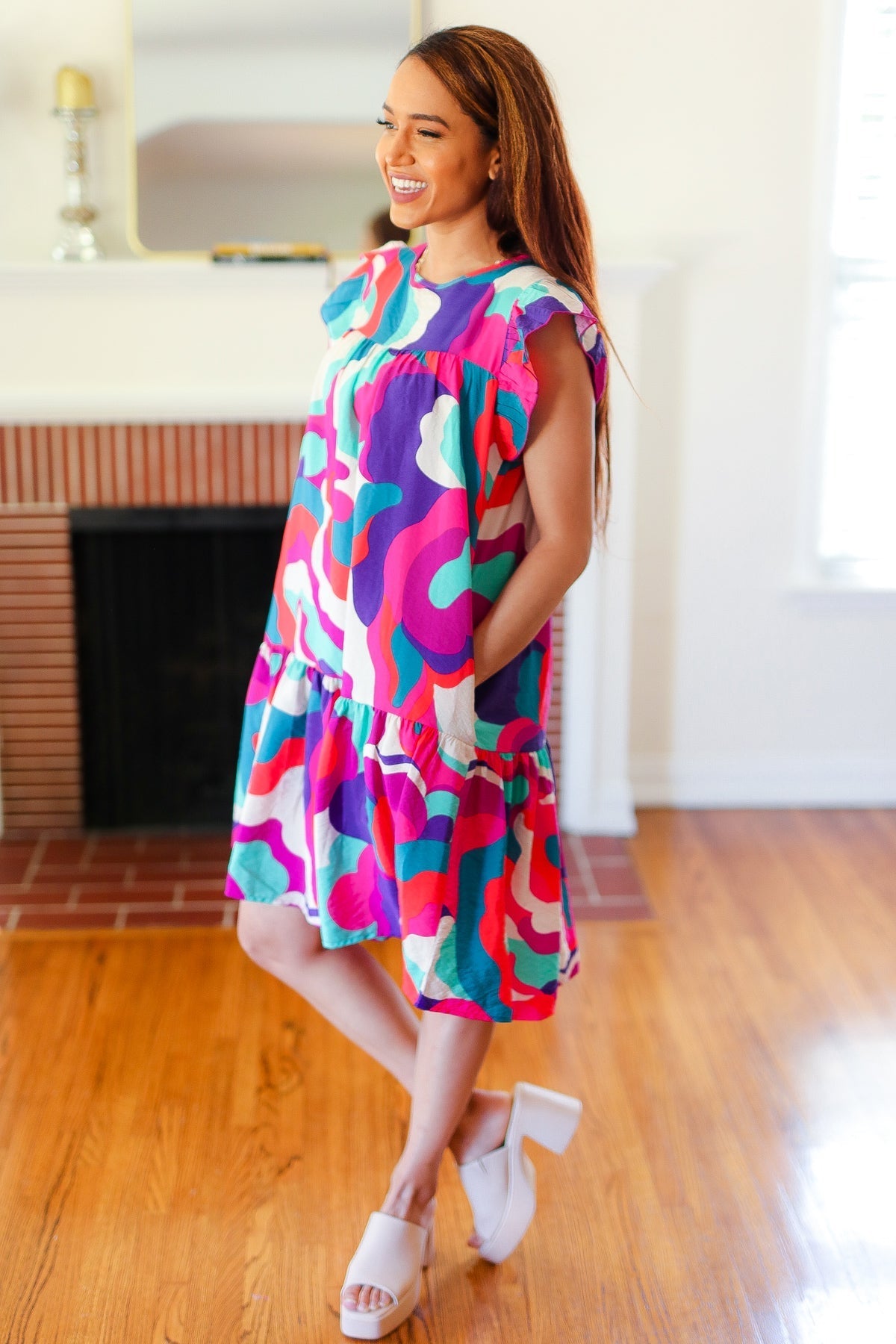 Go For Fun Fuchsia Geo Print Tiered Ruffle Sleeve Woven Dress for Women | Summer Casual Party Wear | Perfect for Beach Vacations, Date Nights & Outdoor Events