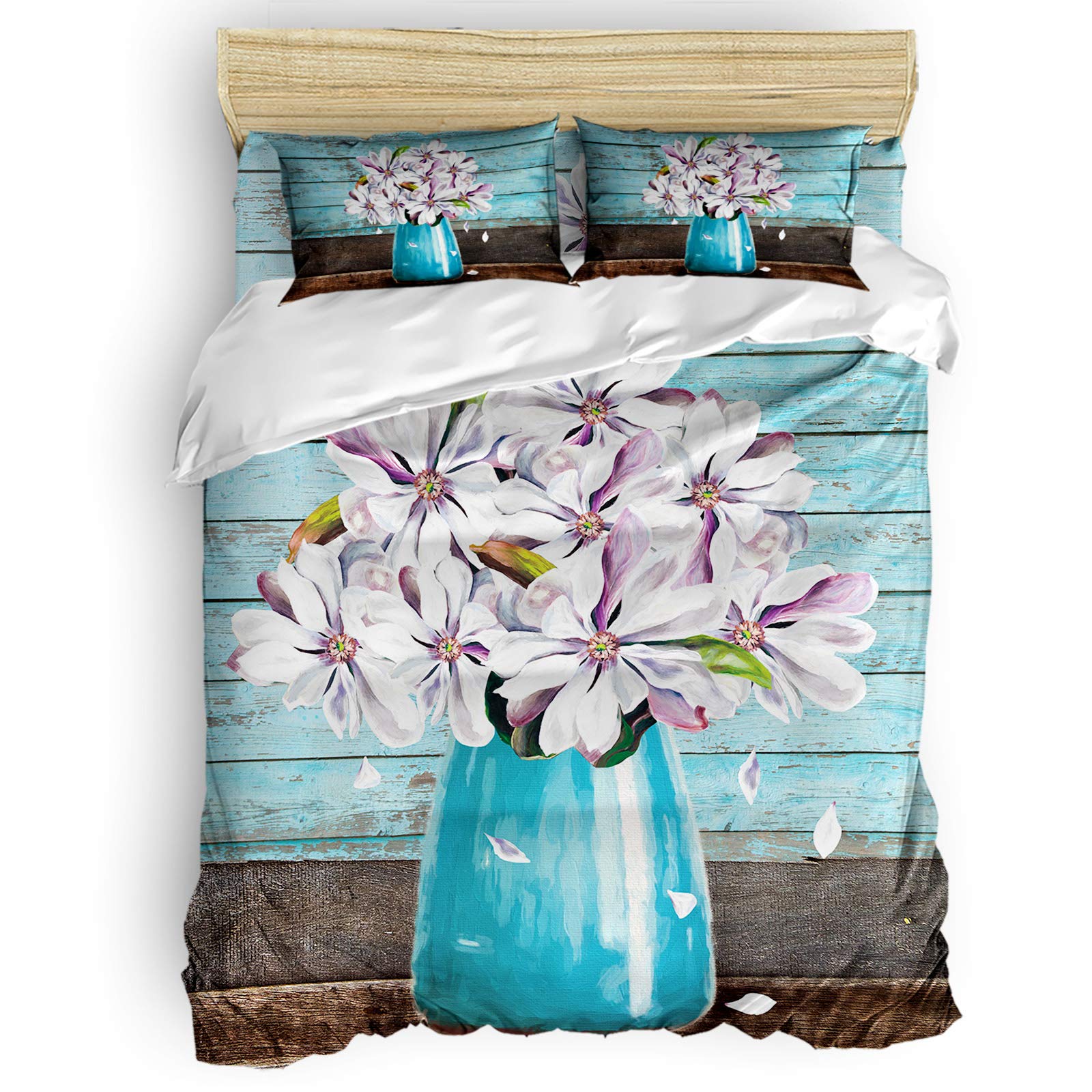 Luxury 4-Piece Magnolia Flower Vase Duvet Cover Set - Soft 100% Cotton Bedding with Zipper Closure for Kids, Teens & Adults - Full Size White Wooden Home Decor (Perfect for Nursery, Guest Room & Master Bedroom)