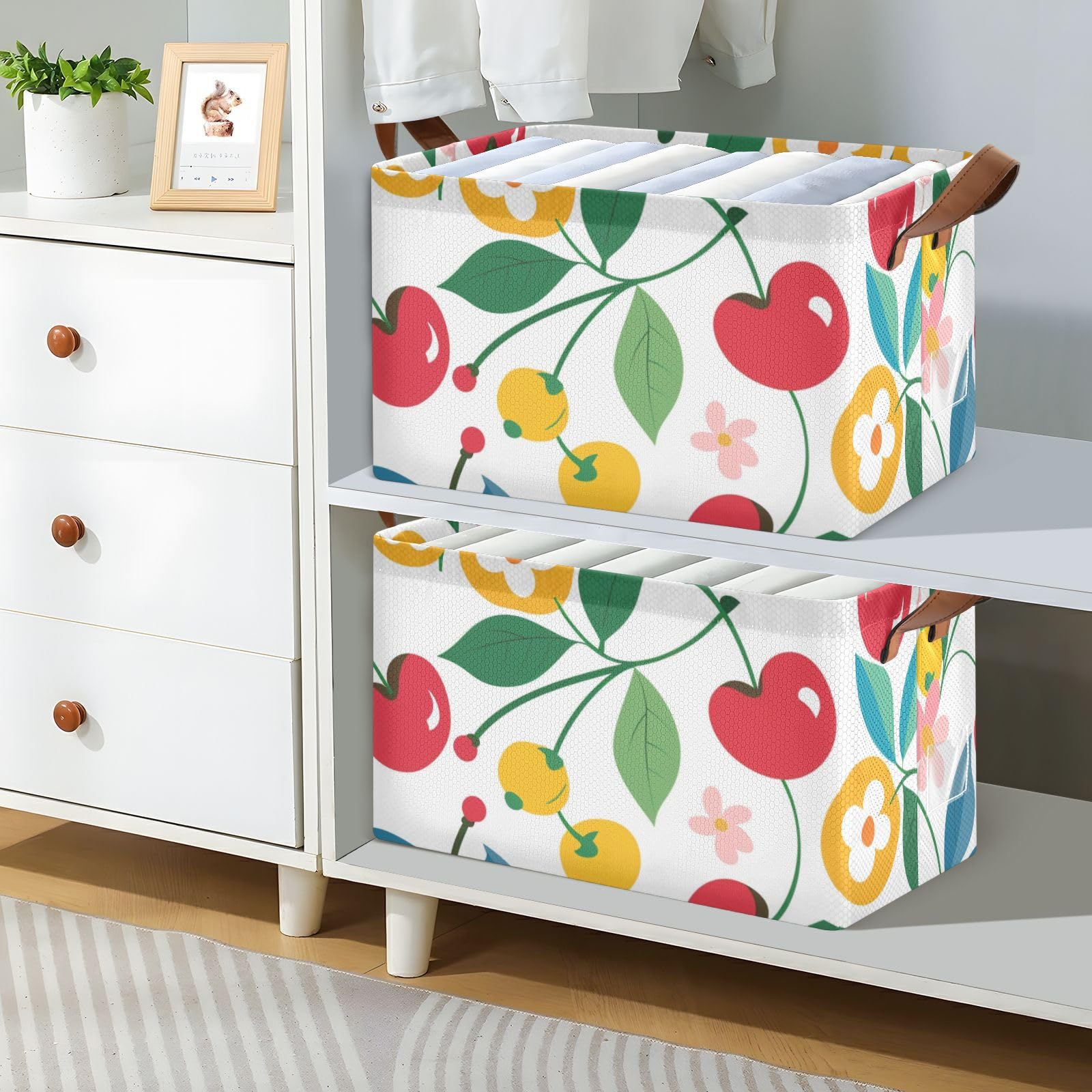 Cartoon Cherry Print Collapsible Fabric Storage Baskets - Large Decorative Closet Organizer Bins with Handles (2-Pack) - Perfect for Bedroom, Nursery & Bathroom Organization