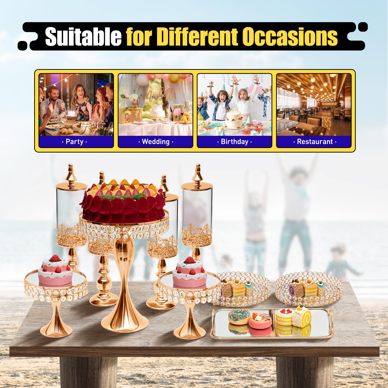 TFCFL 10-Piece Gold Crystal Cake Stand Set - Elegant Cupcake & Cookie Holder for Dessert Display, Baby Shower, Wedding, Birthday Party Decorations | Perfect for Home Celebration & Buffet Table Decor