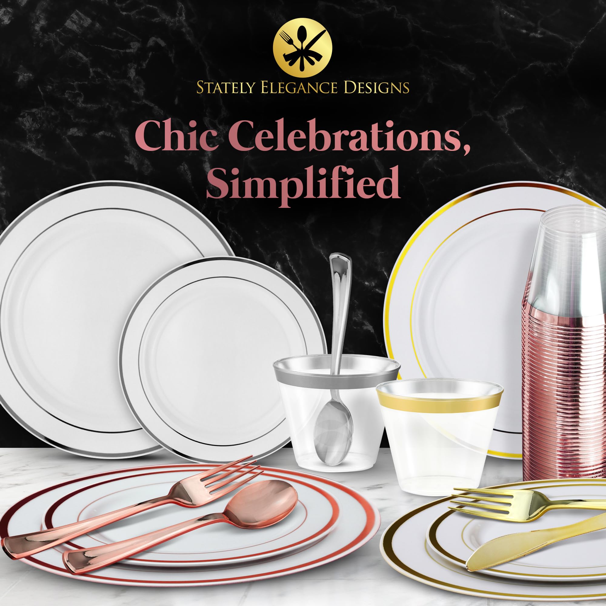 600-Piece Rose Gold Disposable Dinnerware Set - 200 White & Rose Gold Plastic Plates, 300 Rose Gold Plastic Cutlery, 100 Plastic Cups - Elegant Party Supplies for Weddings, Bridal Showers & Events (Serves 100 Guests)