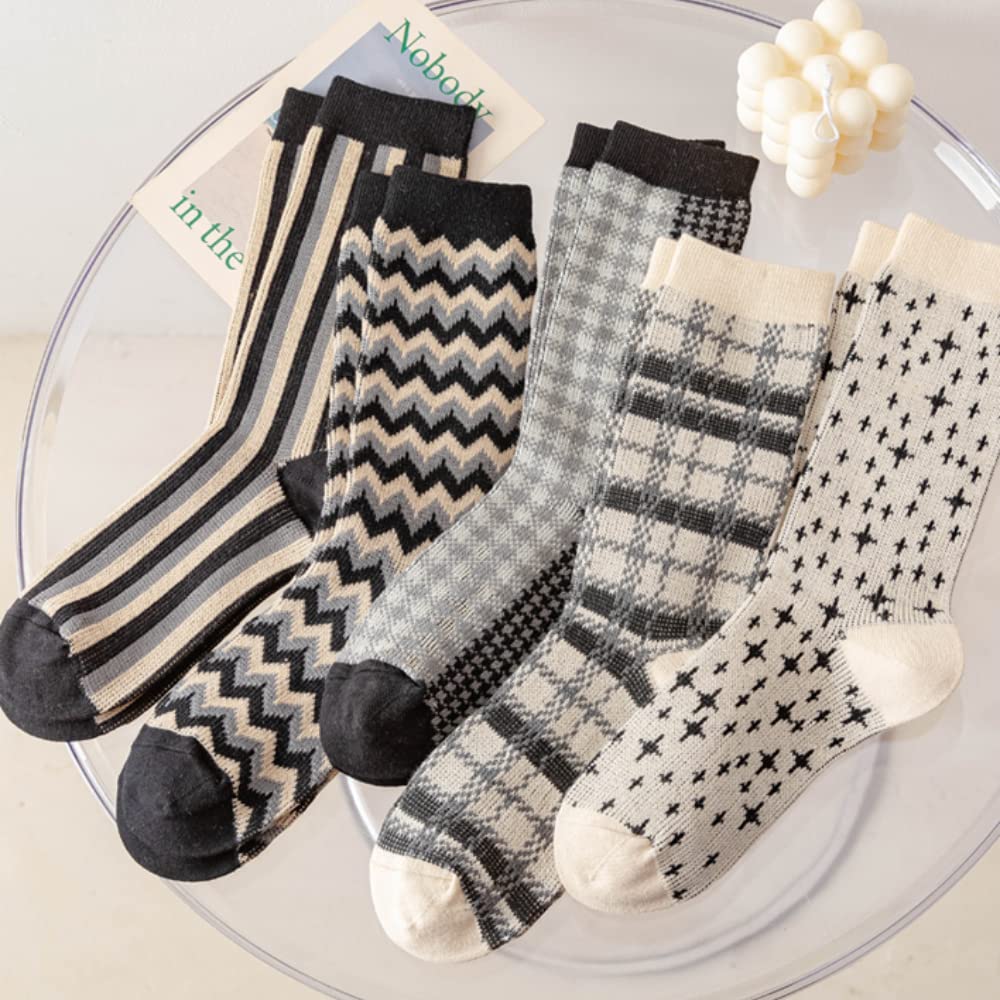 Women's Black and White Plaid Striped Crew Socks - Cotton Mid-Tube Ankle Socks for Girls & Women - Casual Comfort Socks - Perfect Gift Idea for Everyday Wear, School, Work & Outfits