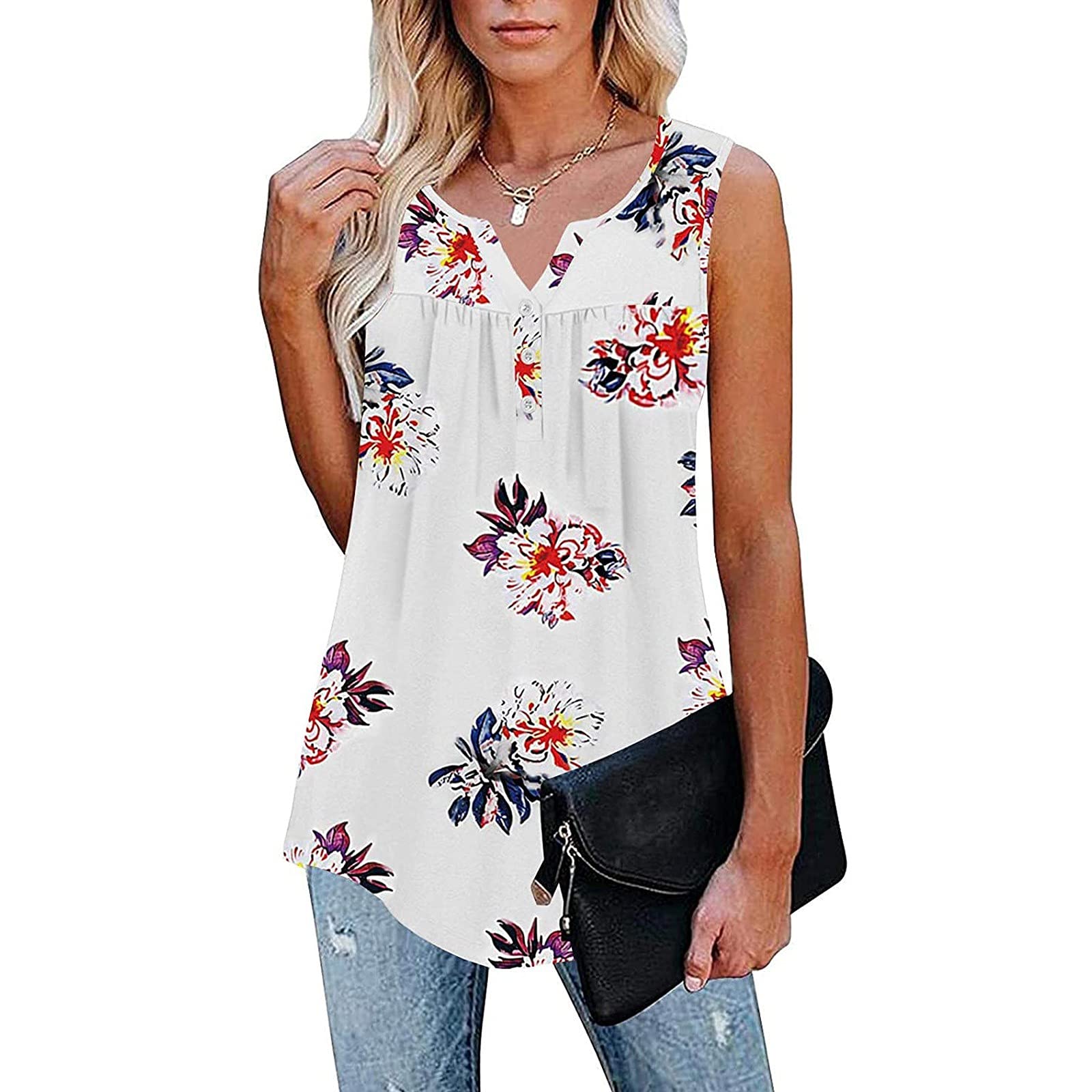 Women's Floral V-Neck Sleeveless Tunic Tank Top - Summer Loose Fit Side Split Tee for Casual Outings & Beach Wear