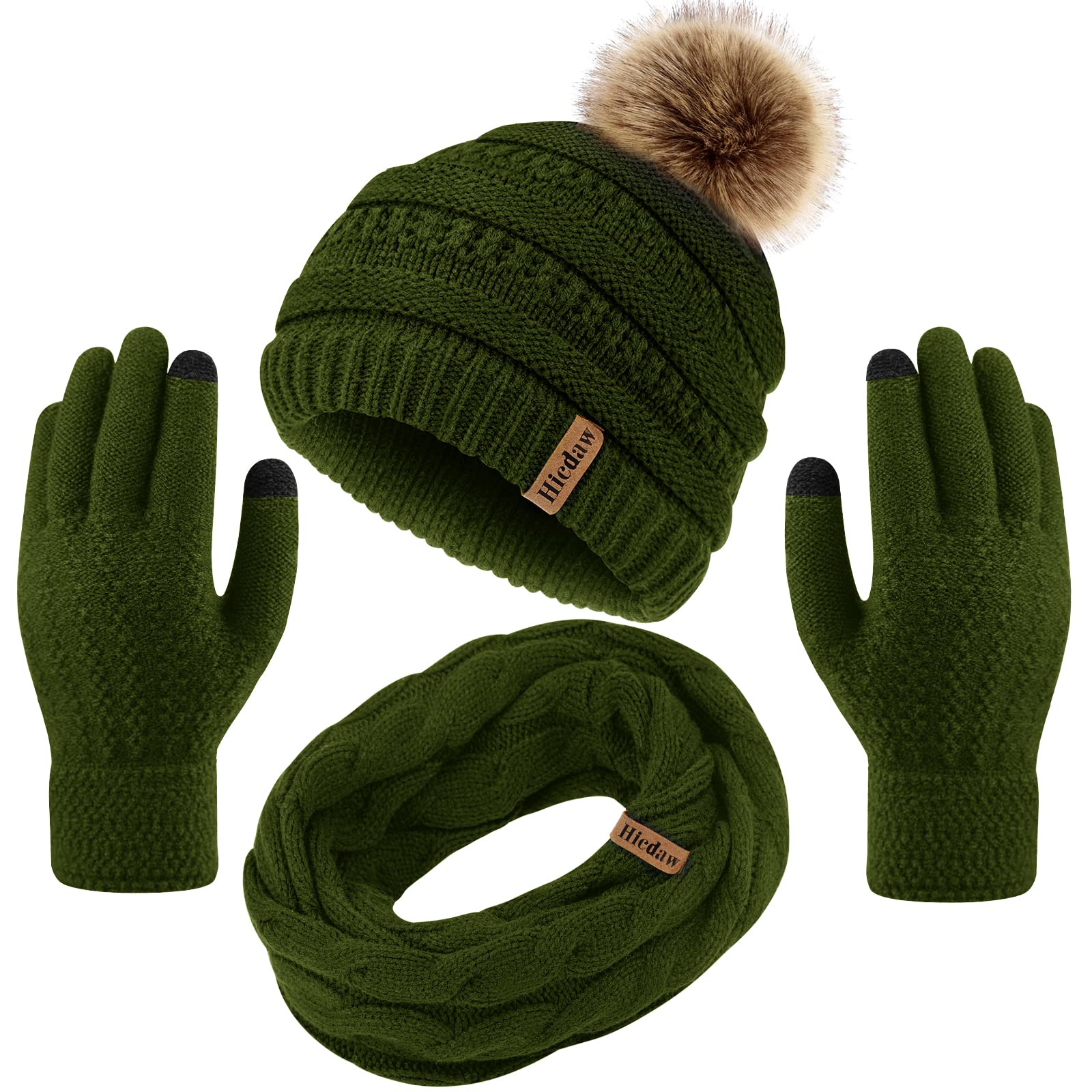 Hicdaw Women's Winter Hat Gloves Scarf Set - Soft Knit Beanie Hat, Warm Circle Loop Scarf & Touchscreen Gloves for Cold Weather - Perfect for Skiing, Snowboarding & Outdoor Activities
