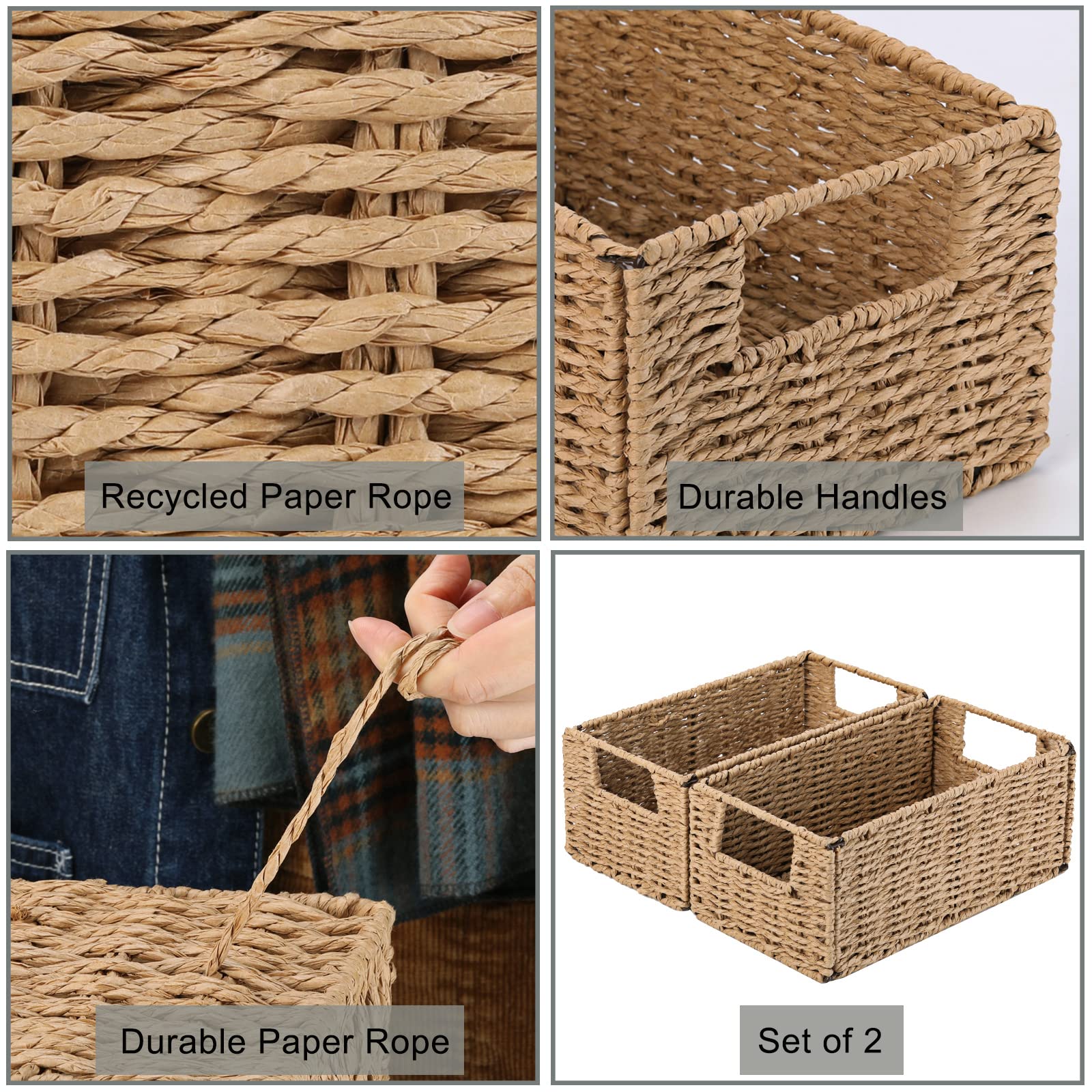 Vagusicc Set of 2 Hand-Woven Wicker Storage Baskets - Natural Foldable Paper Rope Organizer Bins for Shelves, Bathroom, Living Room & Bedroom | Perfect for Toilet Paper Storage, Home Organization & Decorative Storage Solutions