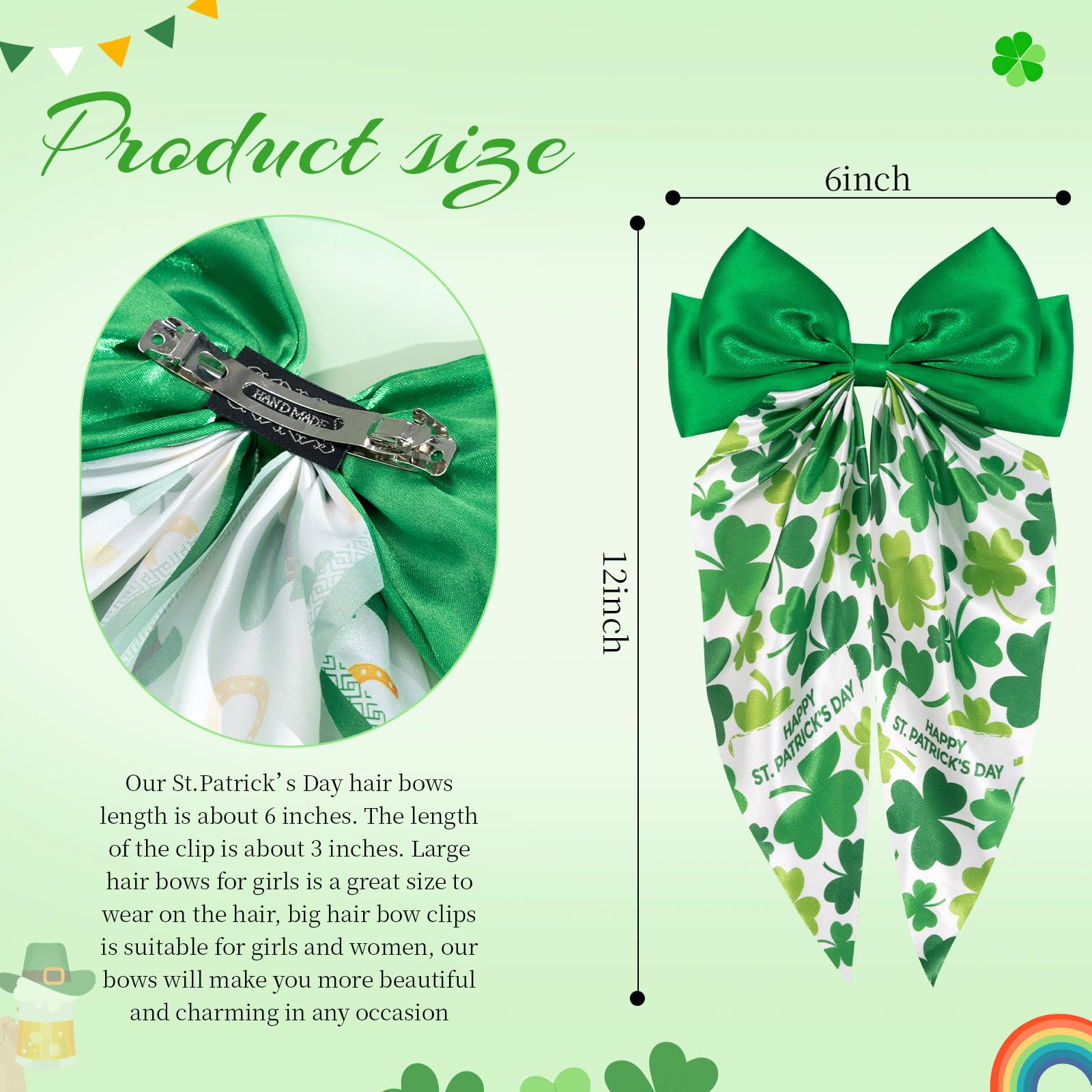OAOLEER 2PCS St. Patrick's Day Hair Bows for Women & Girls - 8 Inch Green Satin Layered Hair Clips with Long Tail, French Style Hair Accessories for Parties, Weddings & Festive Events