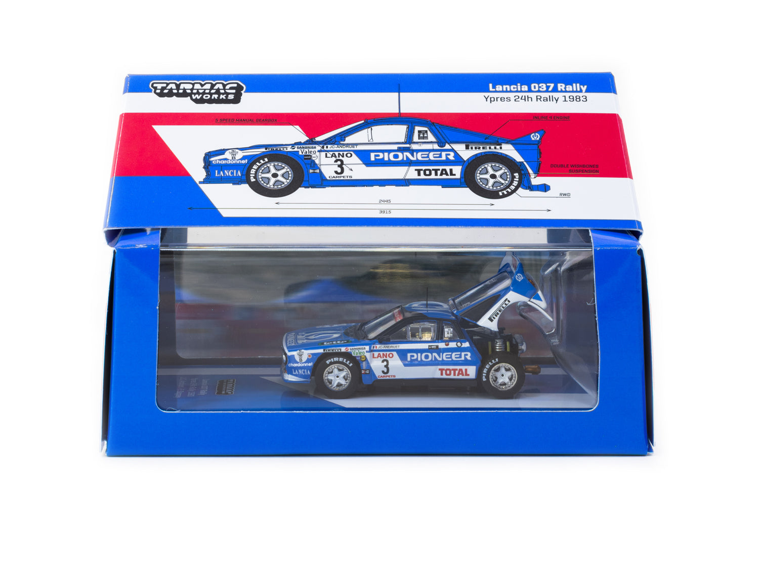 Tarmac Works 1/64 Scale Lancia 037 Rally Car - Ypres 24 Hours Rally 1983 #3 Diecast Model - HOBBY64+ - Perfect for Collectors, Display Cases & Racing Enthusiasts
