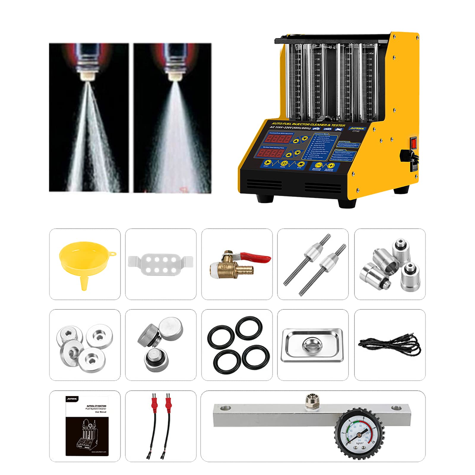 CT150 Fuel Injector Cleaner Tester - 4-Cylinder Ultrasonic Injection System for Motorcycle & Auto - No-Disassembly Cleaning with Spray Pattern, Leakage & Performance Testing (110V/220V) - Ideal for Garage Maintenance & DIY Auto Repair