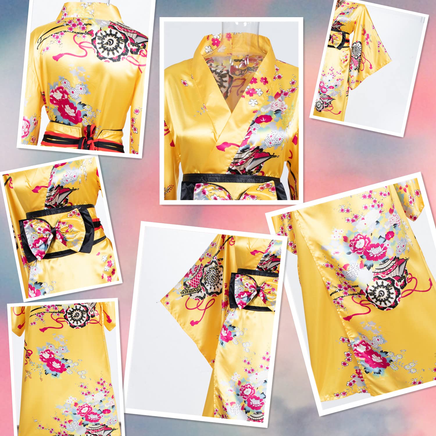Japanese Anime Women's Kimono Robe - Geisha Yukata Sweet Dress with Blossom Satin Bathrobe & Sleepwear Set - Perfect for Cosplay, Halloween Costume, Spa Relaxation and Themed Parties