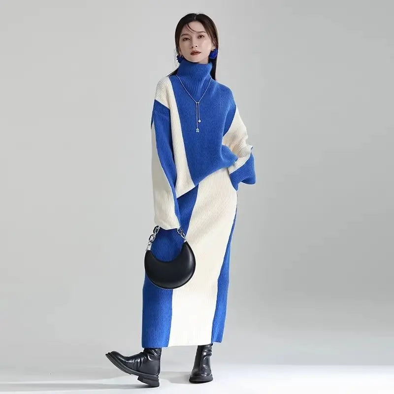 2023 New Y2K Korean Style Knitted Women's Thickened Turtleneck Color Block Sweater & Skirt Two-Piece Set - Cozy Winter Outfit for Casual Wear, Dating, Office & Street Fashion