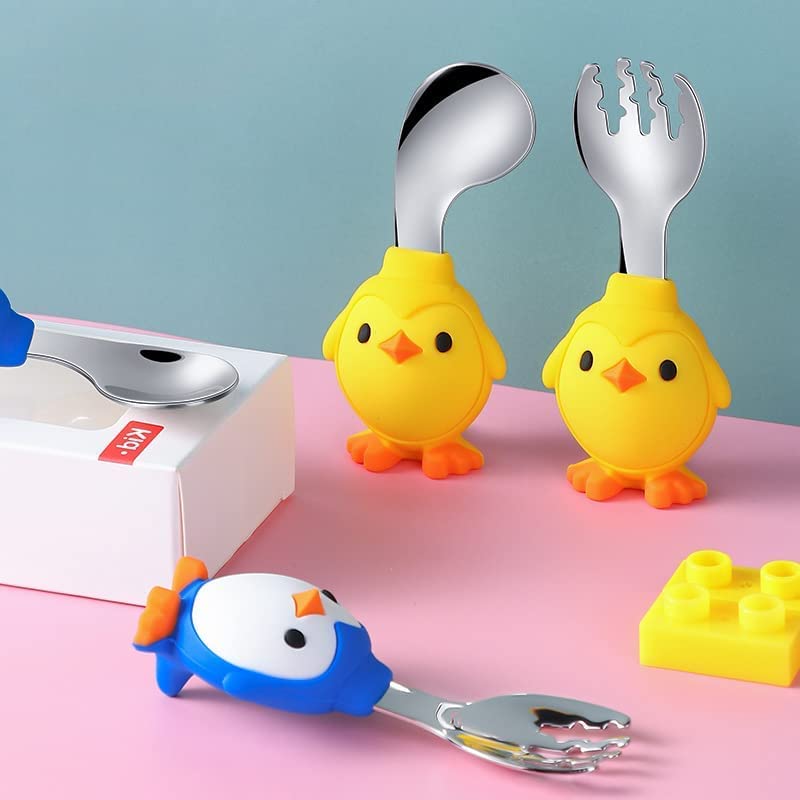 **2-Piece Toddler Silicone Spoon & Fork Set - BPA-Free, Soft Grip Design for Babies & Kids - Perfect for Self-Feeding Training, Travel & Daycare (Blue, 10-Piece Set)**