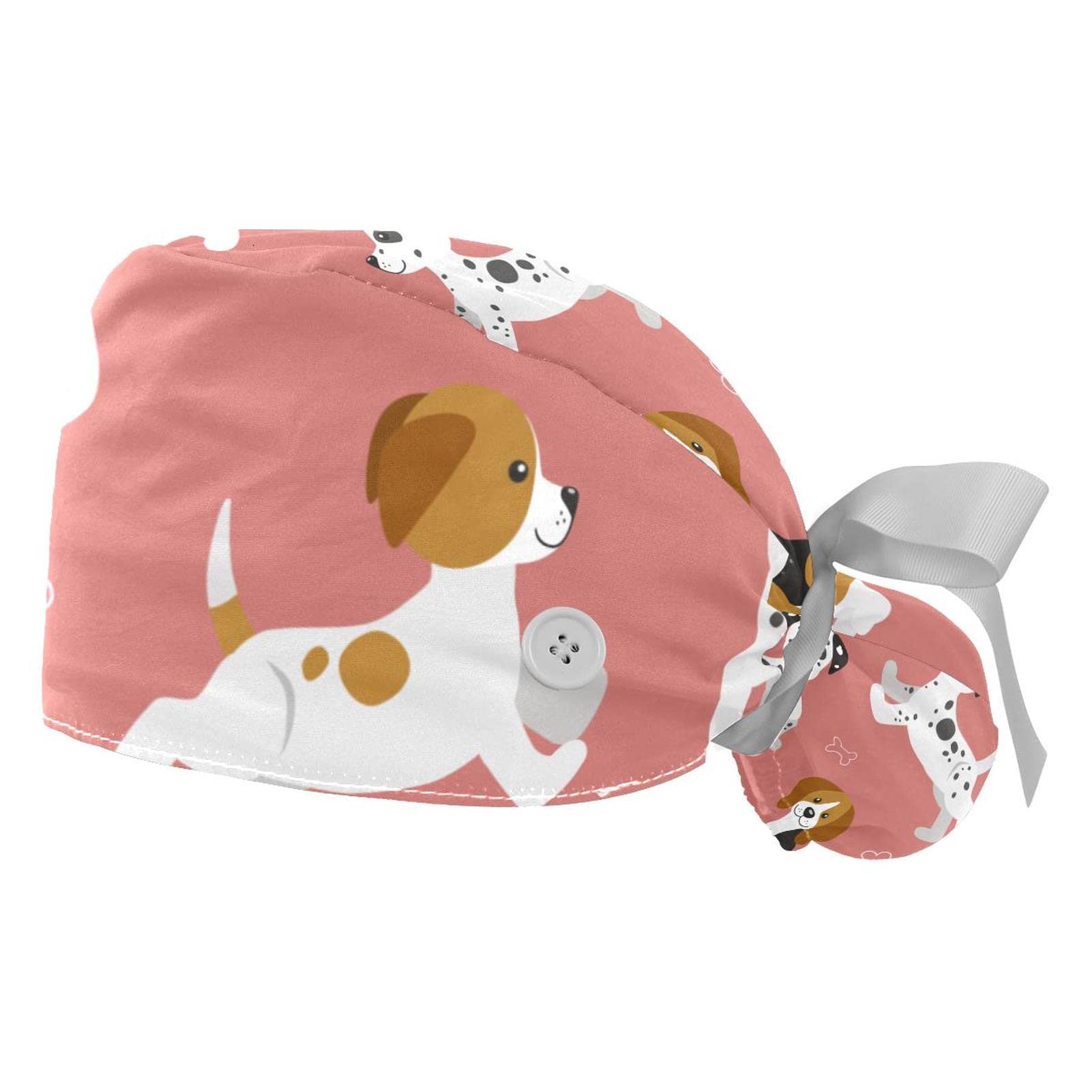 Dog & Beagle Dalmatian Print Scrub Hats for Women & Men - 2 Pack Long Hair Surgical Caps with Button Closure & Sweatband - Unisex Tie Back Medical Hats for Nurses, Doctors & Healthcare Workers